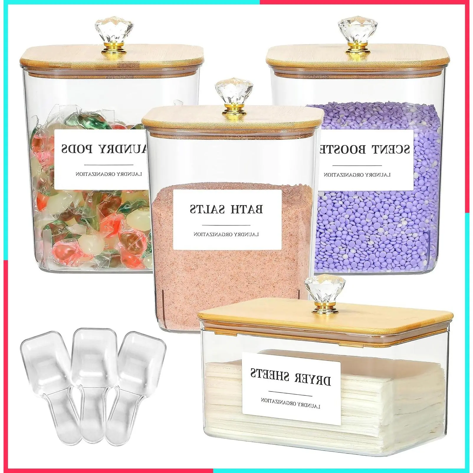 4 Pack Clear Laundry Pods Container & Dryer Sheet Holder Set with Lid, Laundry Containers with Scoops & Labels, Laundry Room Organization and Storage for Laundry Detergent, Pods, Powder, Beads