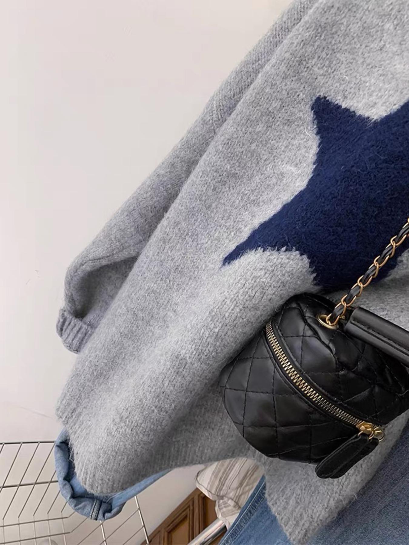 Daily Casual Commute Star Pattern Loose Long Sleeve Elegant Round Neck Lightweight Knit Sweater, Women's Fall & Winter Fashion, Comfortable Daily Wear