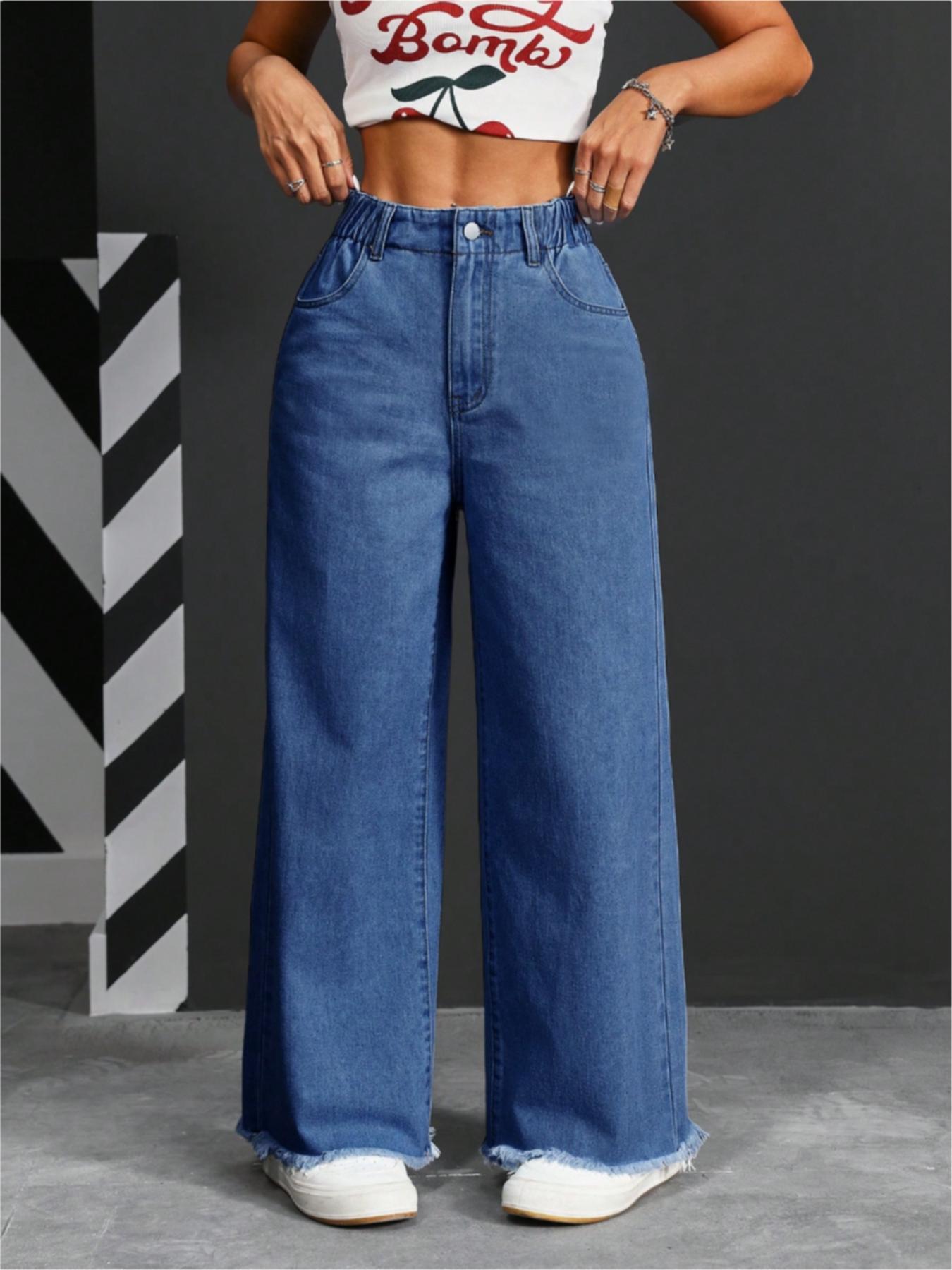 Women's High Waist Denim Jeans, Elastic Waist Design, Pockets with Buttons, Casual Fashion, Fuzzy Hem, Comfortable Pants for All Seasons
