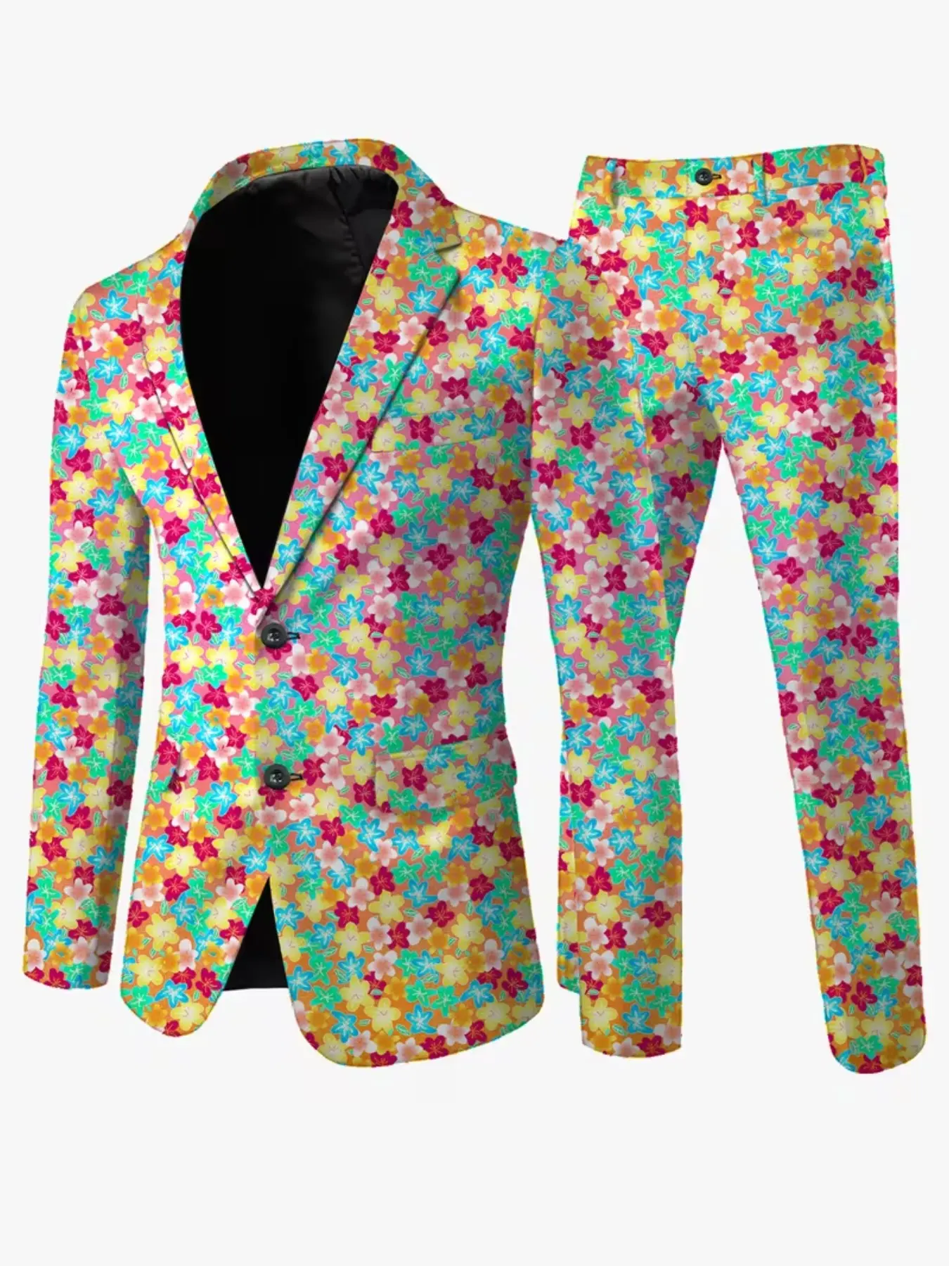 Plus-Size Men's Colorful Small Floral Print Suit Set Party Trendy Two-Piece Suit