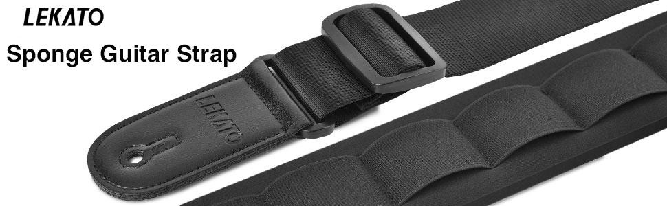 LEKATO LGS-4 Guitar Strap with 3.3" Wide Sponge Pad, Bass Straps for Electric Guitar for Effective Decompression Padded Bass Guitar Straps Adjustable Length from 42" to 58" with 2 Safety Locks & 6 Picks