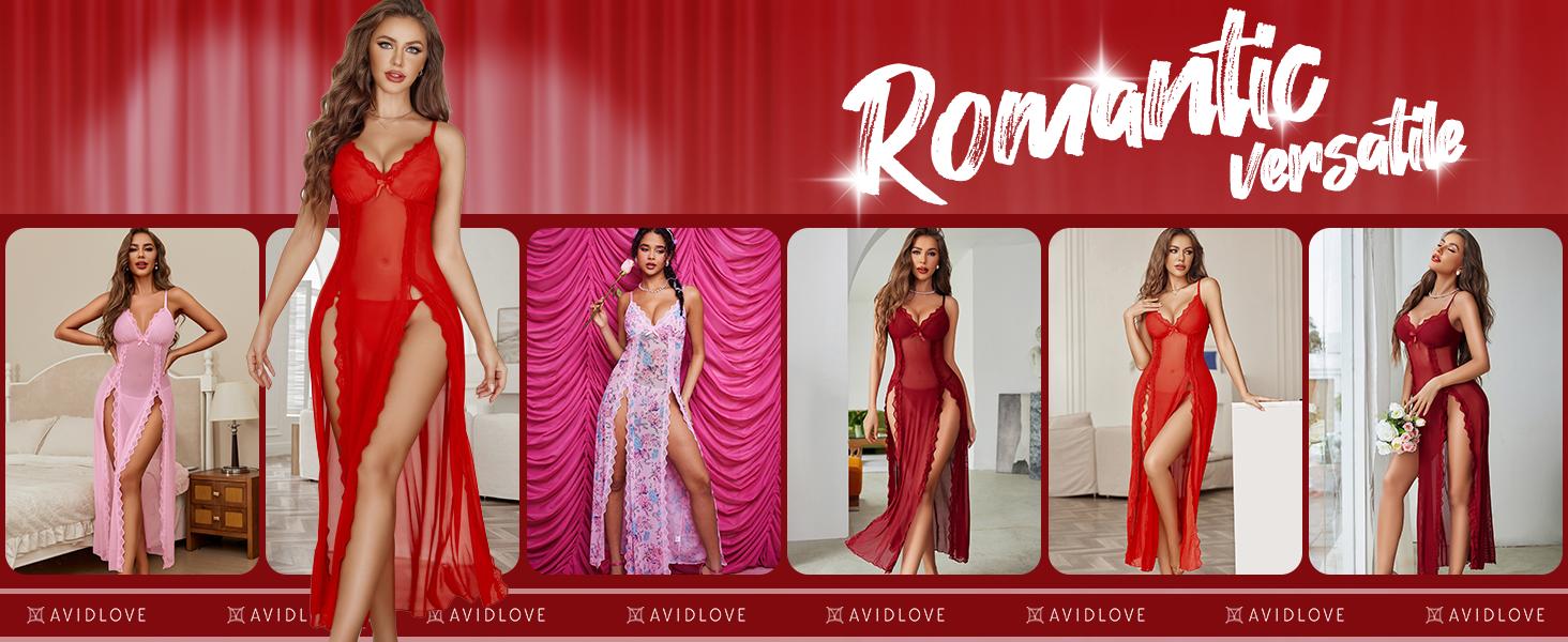 Avidlove Women's Lace Nightgown Floral Mesh Chemise with V-Neck & Side Splits Fitted Loungewear for Comfortable Wear Soft Lightweight Lingerie - Drop Shoulder Nightdress SpringStatements