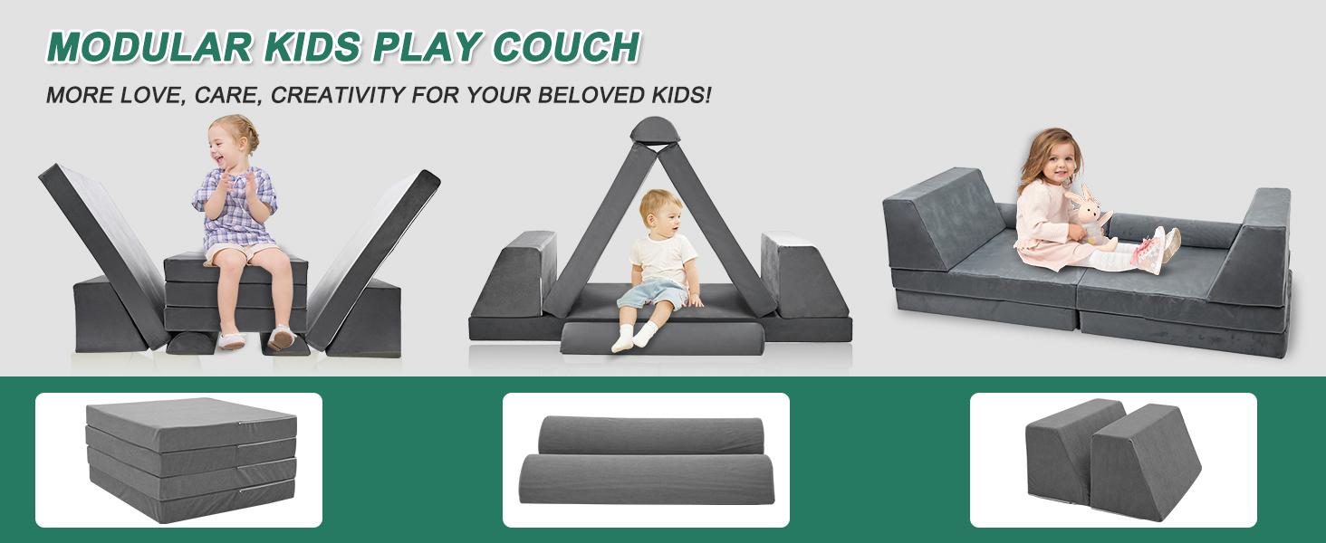 MOPHOTO Kids Couch Play Set, Modular Kids Sofa Couch Fold Out Couch Playhouse Play Set for Toddlers, Creative Couch Kids Foam Play Couch Indoor