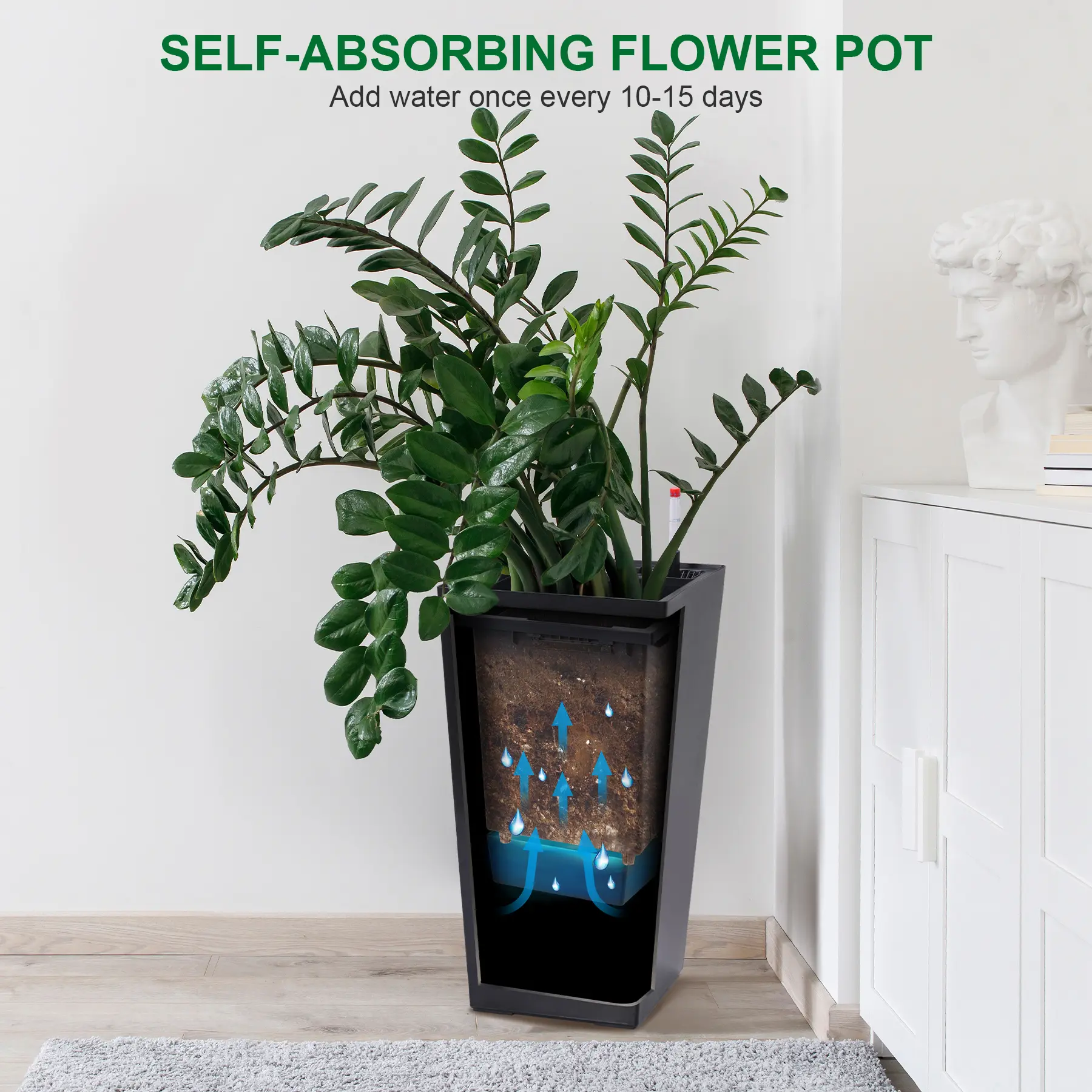23-In Large Modern Self-Watering Planter Set (2-Pack), Rectangular Outdoor Flower Pots with Drainage, Water Monitor, Removable Tray, UV-Resistant for Patio, Porch (Black)