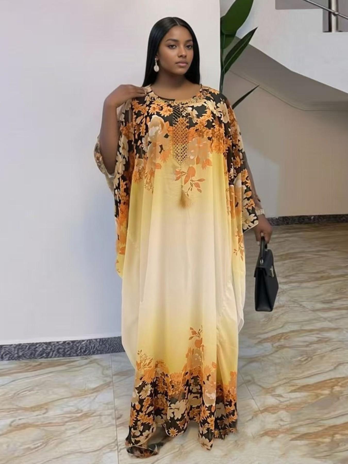 African Style Boho Gradient Print Chiffon Two-Piece Dress, Loose Fit Batwing Sleeve Long Gown, Muslim Commute Vacation Slimming Robe African Dress For Women With Headscarf, Classy Modest Dresses