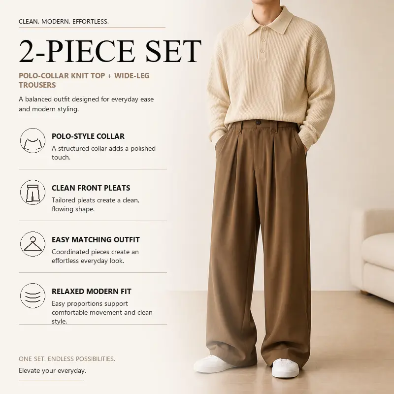 Men's Casual Sweater and Pants Set, Polo Collar Ribbed Knit Sweater with Wide Leg Tailored Pants, 8 Curated Solid Color Pairings, Sizes S-XXL, Daily Work Travel Style, Group 14