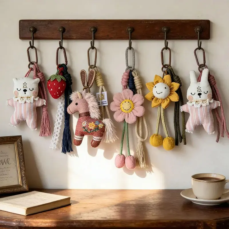 Handmade Stuffed Cute Animal Keychain, Vintage Embroidered Fabric Bag Charm, Boho Kawaii Aesthetic Key Ring With Braided Rope Tassel, Cute Doll Pendant Accessory For Backpacks, Handbags And Daily Casual Styling, Floral Motifs Decor
