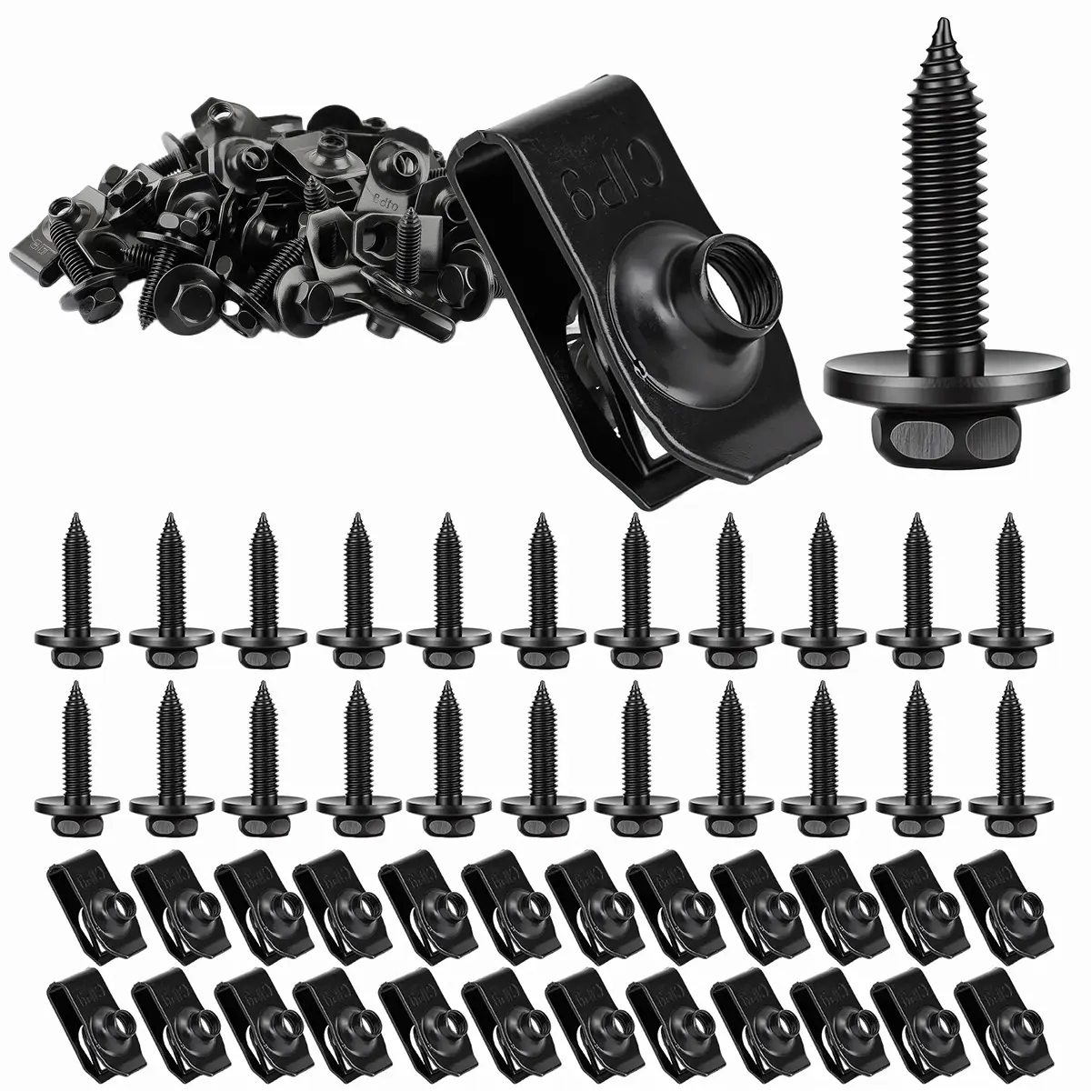 25 sets 1/4 Body Bolts & U-Nut Clips Kit for Fender Bumper Engine Cover Splash Shield Fastener Retainer Clips, Automotive Universal Screws Black