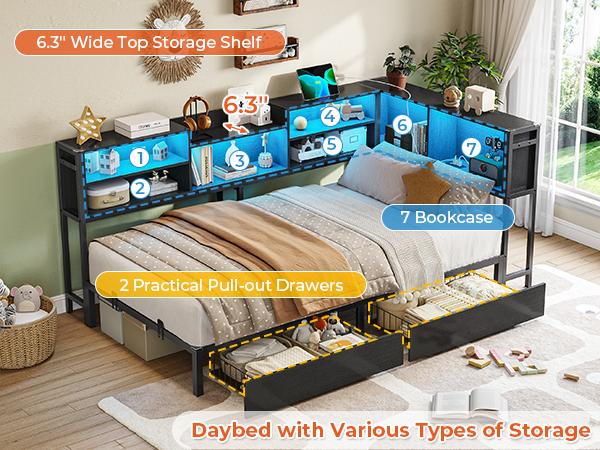 Hasuit Twin Corner Bed Frame with Storage Bookcase, Twin Size Daybed with 2 Underneath Storage Drawers, Kids Bed Unit with Charging Station and LED Light, Modern Teenagers Bedframe