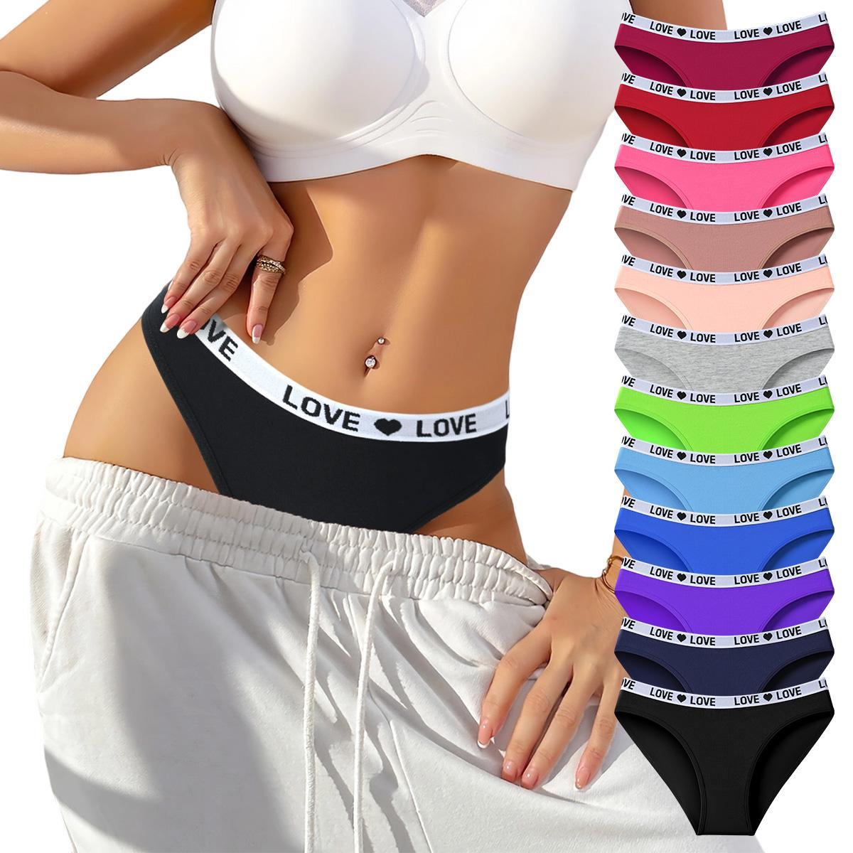 Women's Mid-Rise Brief Panties Multi-Pack, Soft Stretchy Synthetic Blend Underwear with Color Block Letter Print for Everyday Wear, Stretchy Fabric, Mid-Rise Cut