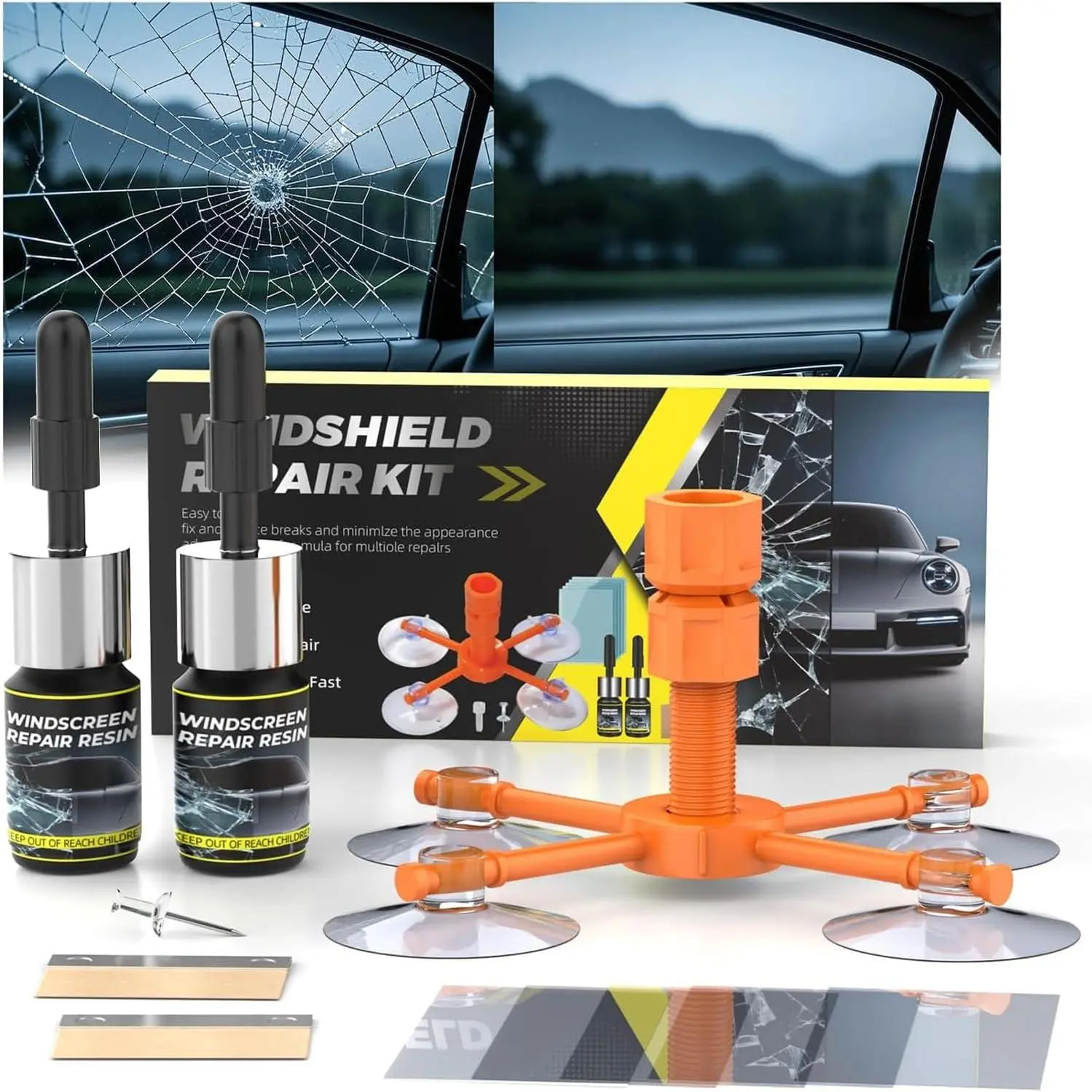 Windshield Chip Repair Kit,  Windshield Repair Kit with Injection  Suction Cup, 2026   Glass Repair Liquid Kit for Fixing Bullseye Cracks & Bullseye - 2 count