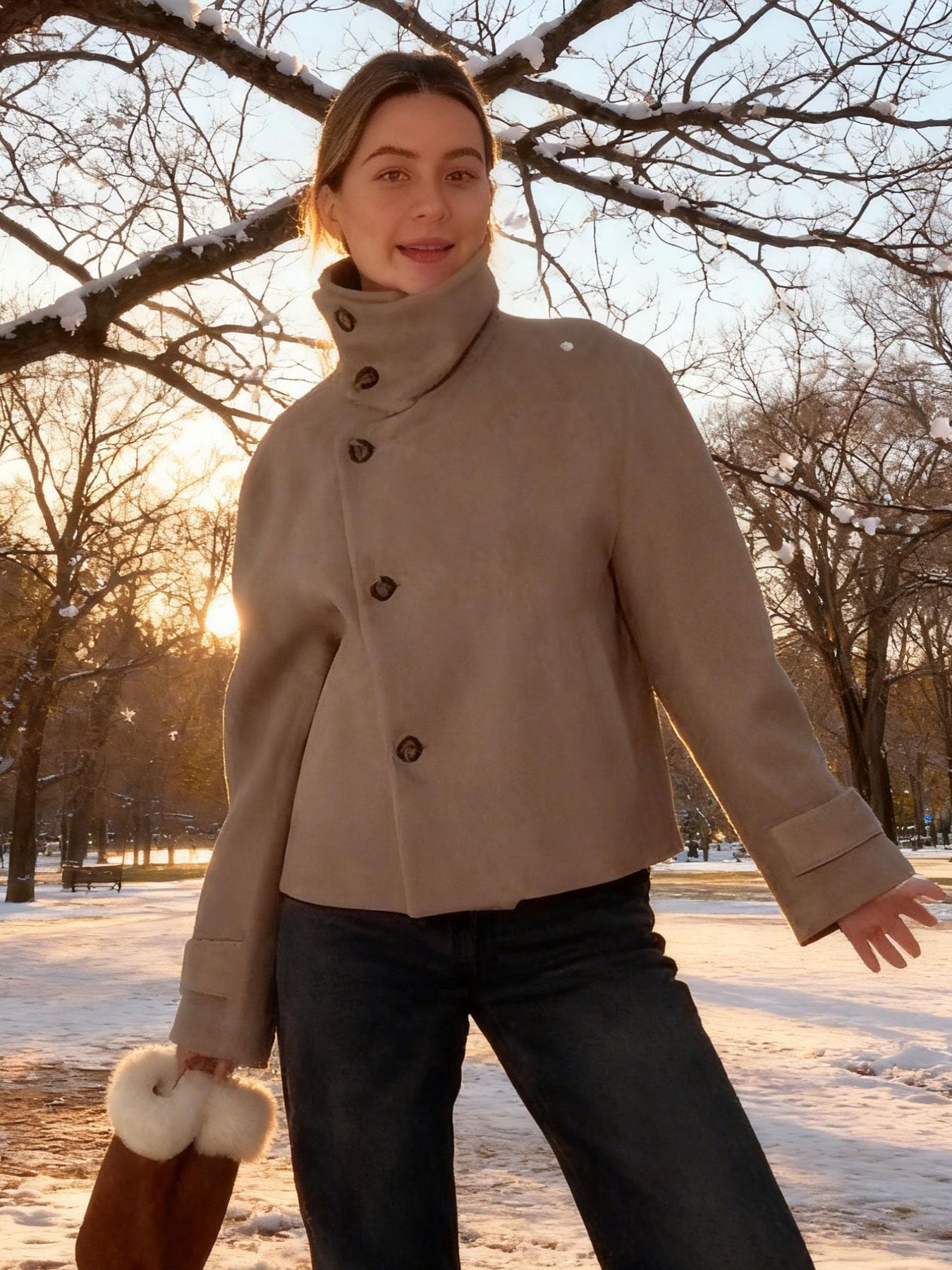 Women's Autumn Winter Stand Collar Wool Blend Jacket, Pure Color Fashion Outerwear, Asymmetrical Button Closure, Casual Lapel Long Sleeve Coat