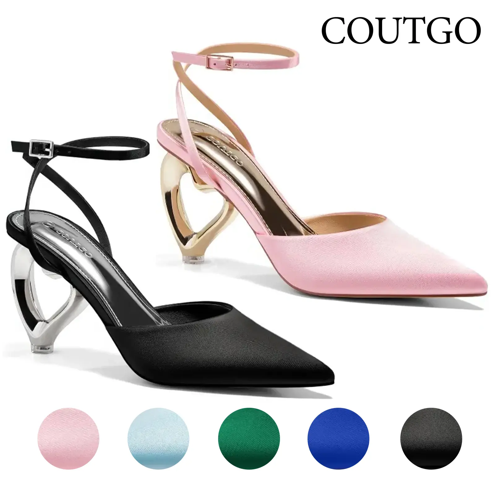 Coutgo Womens Kitten Heels Closed Pointed Toe Heart Heel Ankle Strap Satin Pumps Wedding Prom Dress Valentine Shoes tiktokshopbacktoschool
