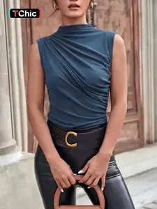 Women's High Neck Sleeveless Knit Top, Slim Fit Ruched Irregular Design, Easy Care Casual Blouse, New Style
