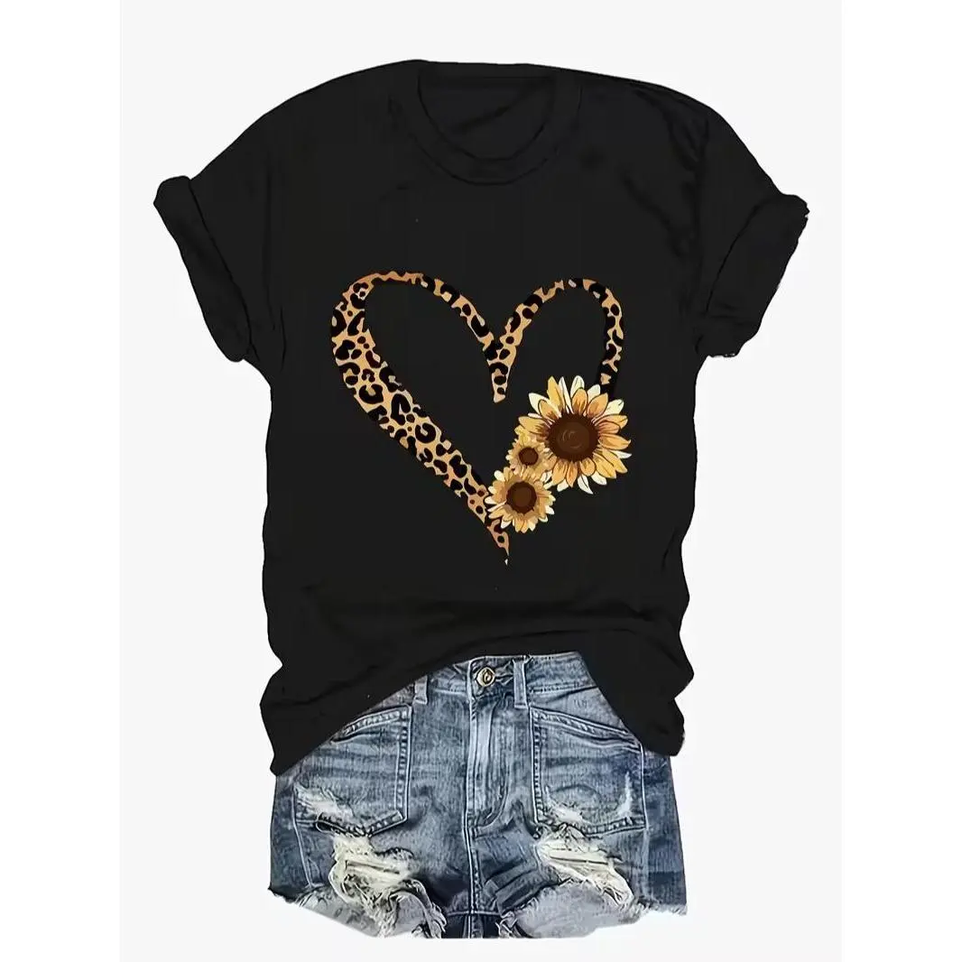 Women's Oversized Plus Size Graphic T-Shirt - Leopard Heart & Floral Print, Short-Sleeve Casual Top for Teacher, School, Spring & Summer