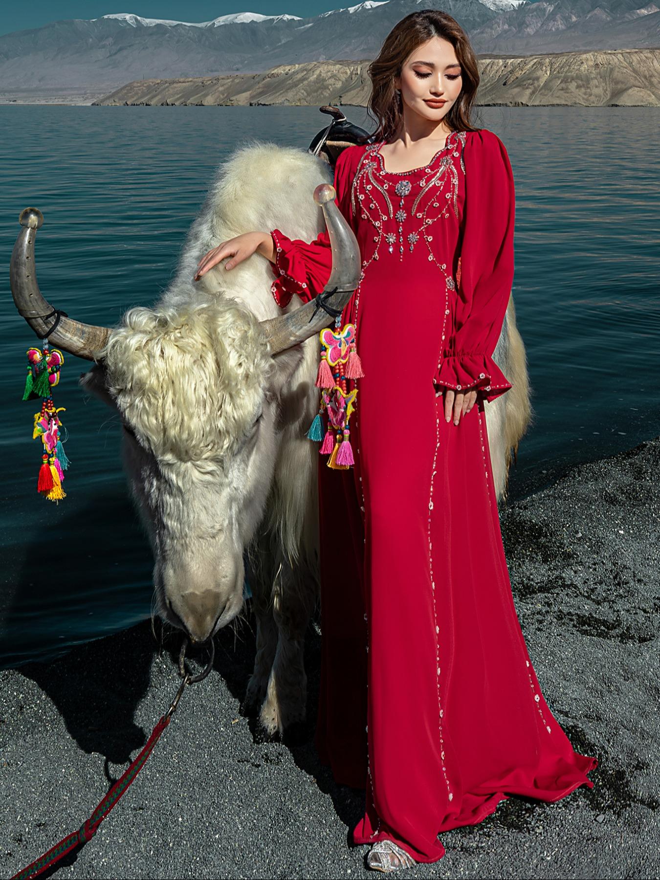 Embroidered Abaya Dress, Formal Wear, V Neck, & Silver Beads, Flare Sleeves, Elegant Fitted, Perfect for Formal Weddings & Eid Celebrations