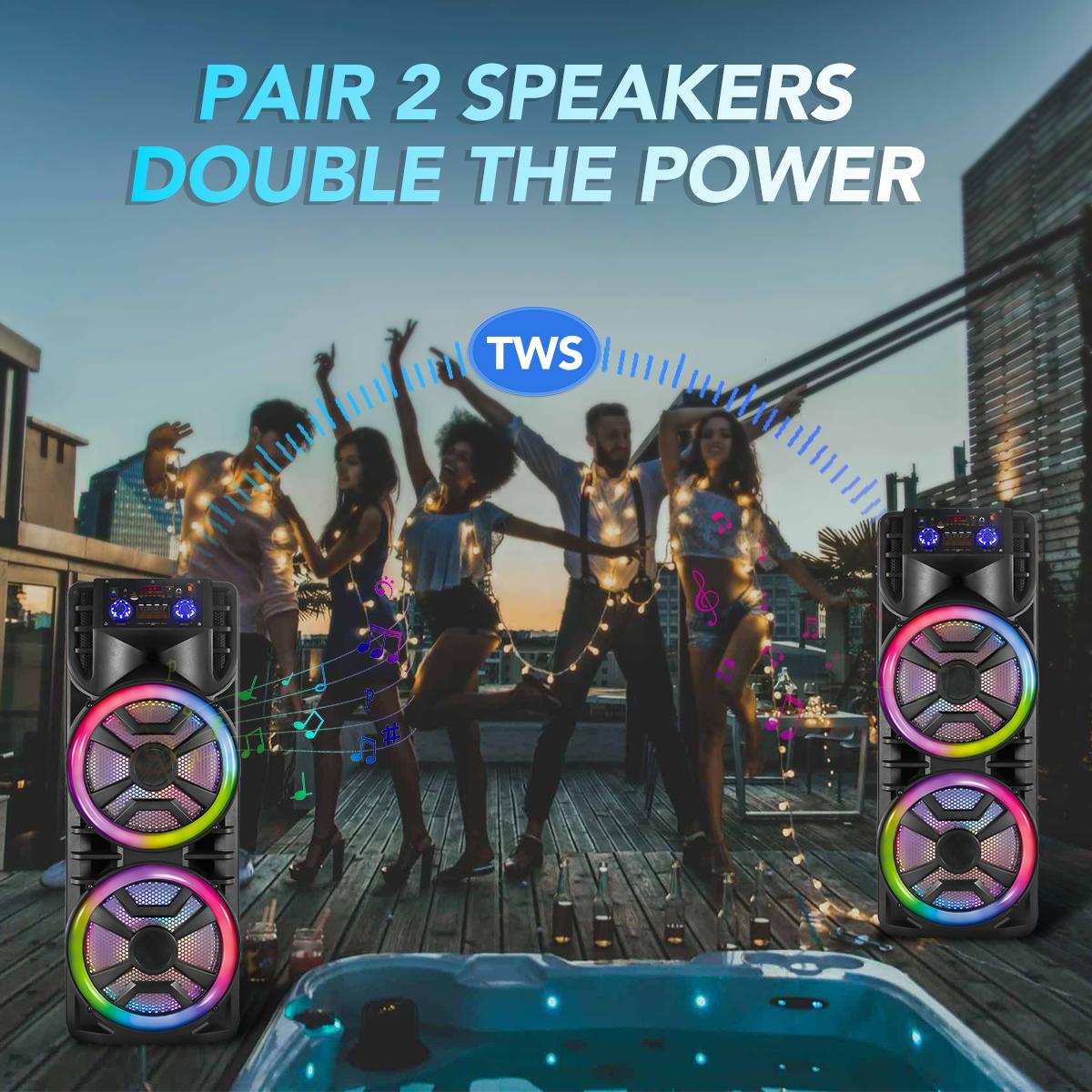 Portable Party Box Dual 12inch Karaoke Speaker System with Wireless Bluetooth, Microphone, LED Lighting & Rechargeable FM Radio Remote Control Smartphone Audio