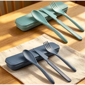 [HUOMAQFAN] 2 Sets Wheat Straw Reusable Utensil Set with Storage Case, Portable Fork-Knife-Spoon Cutlery for School, Travel, Home Supplies & Disposable Tableware Alternatives, Green & Blue