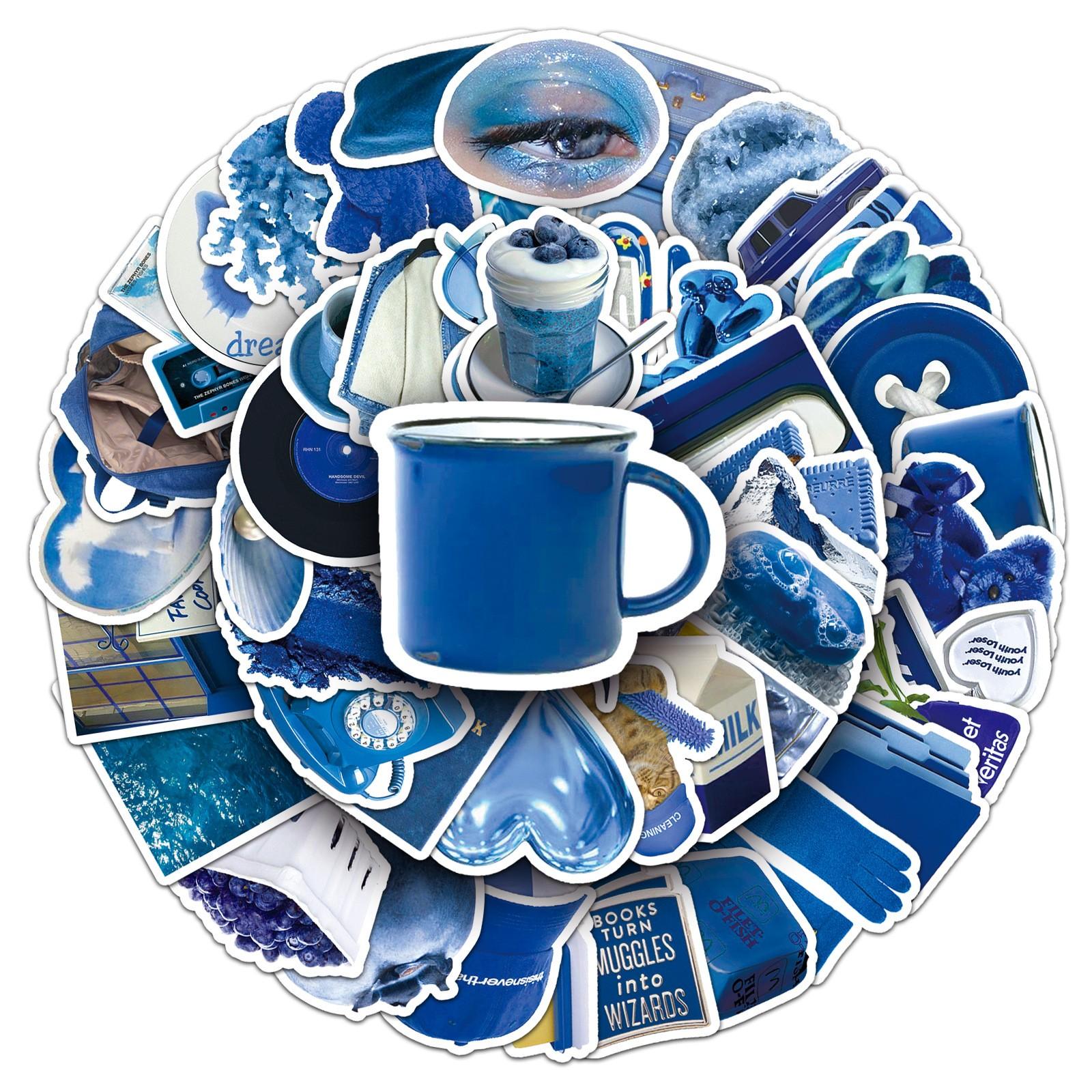 50pcs Blue Aesthetic Stickers, Y2K Blue Theme Waterproof Vinyl Decals, Cute Blue Stickers for Laptop, Water Bottle, Luggage, DIY Scrapbook, Journal