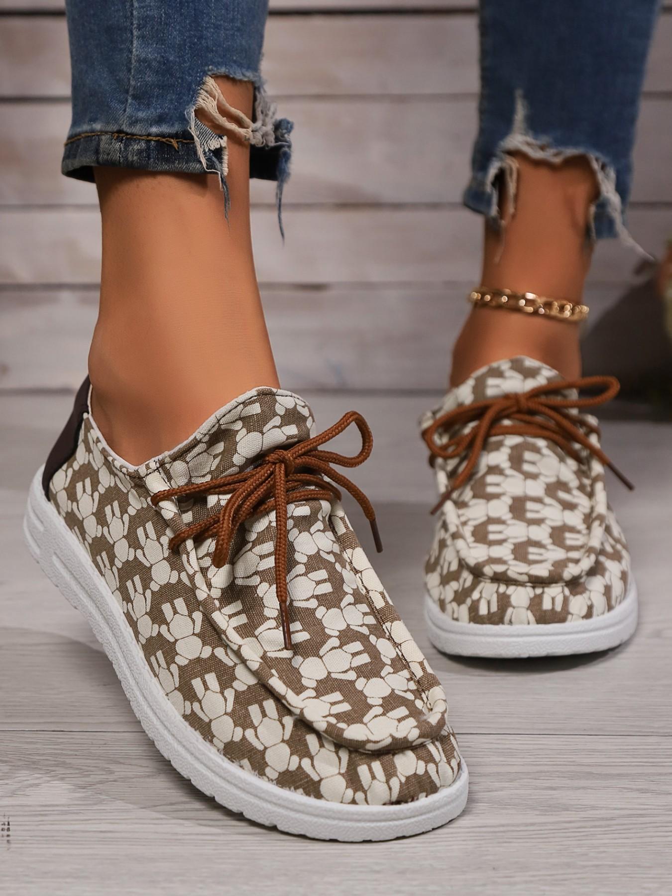 Printed Lace-Up Casual Shoes, Slip-On Loafers, Versatile Commuter Women's Shoes, Comfortable and Stylish Footwear for Daily Wear