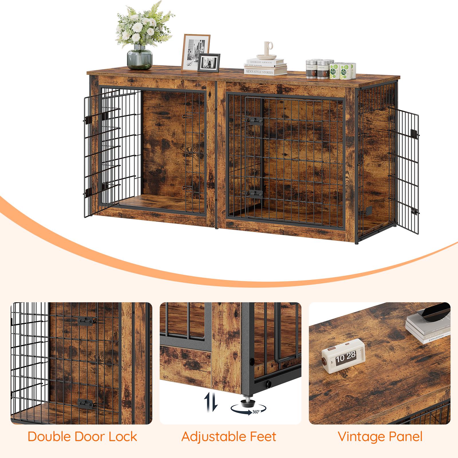 HOOBRO Dog Crate Furniture for 2 Dogs, 63" Large Double Dog Crate Furniture with Divider, Wooden Indoor Dog Kennel TV Stand for Medium Large Dogs, Rustic Brown Home Cage