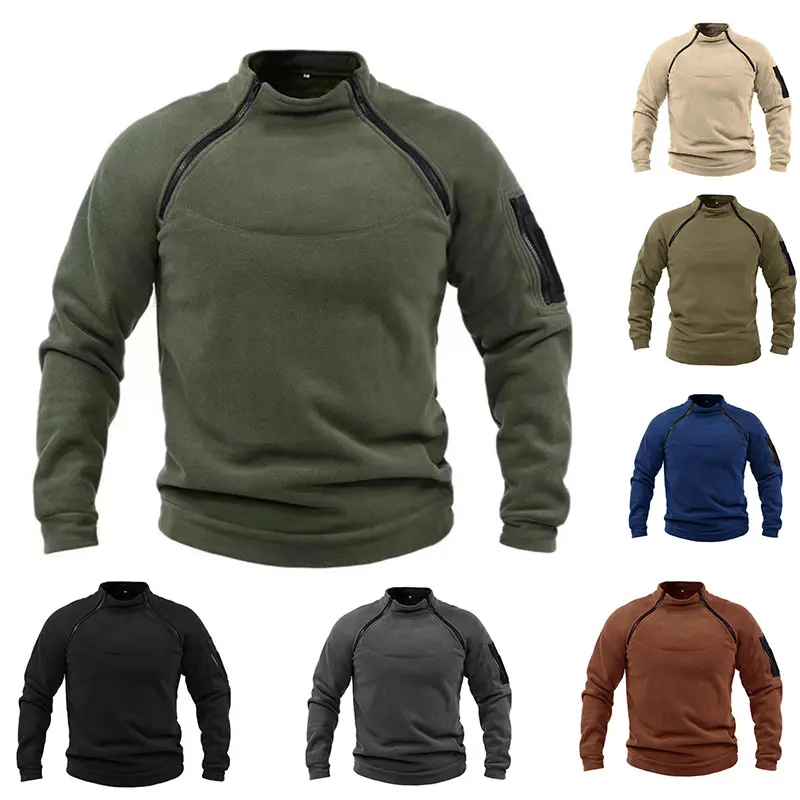 Men's Solid Color Stand Collar Tactical Sweatshirt Warm Breathable Loose Fit Autumn Winter Men's Clothing Comfortable Long Sleeve Top Ideal For Outdoor Activities Functional Zip Detail Tactical Pullover For Daily And Adventure Outfit Matching