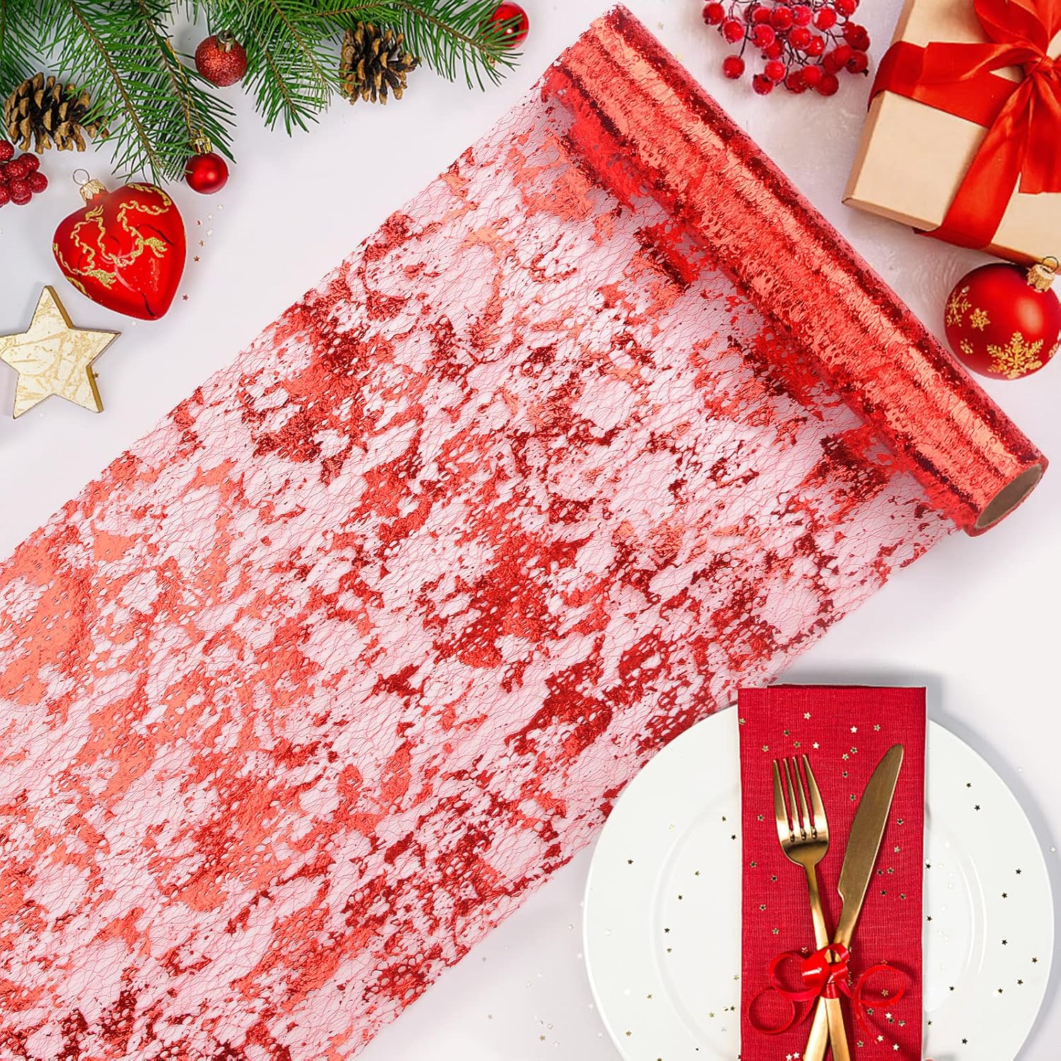Red Table Runner 11'' x 192'', Metallic Sequin Glitter Foil Thin Mesh Table Runners Roll, Spring Red Table Decorations for Wedding Birthday Party Decor