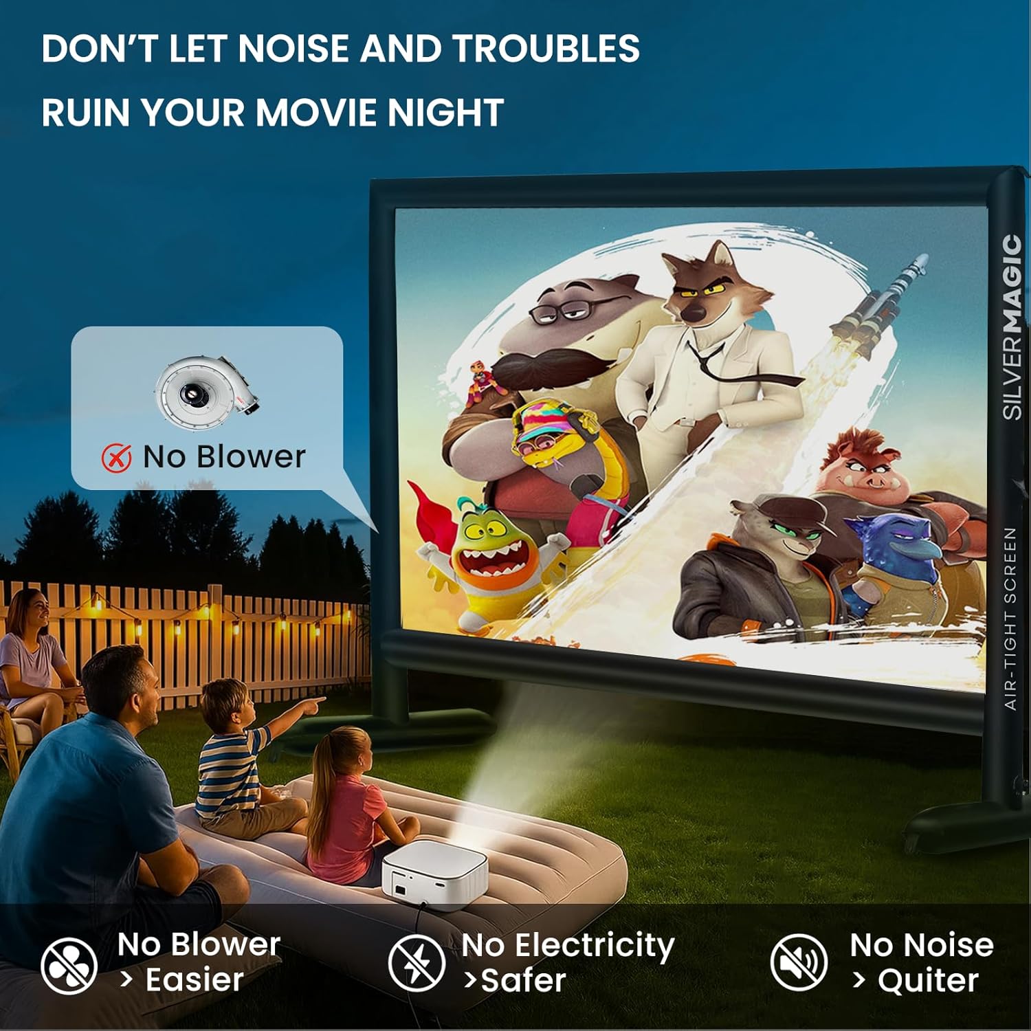 Inflatable Projector Screen - No Blower Silent Design & Black Backing, Indoor Outdoor Movie Night for Pool Parties/Camping