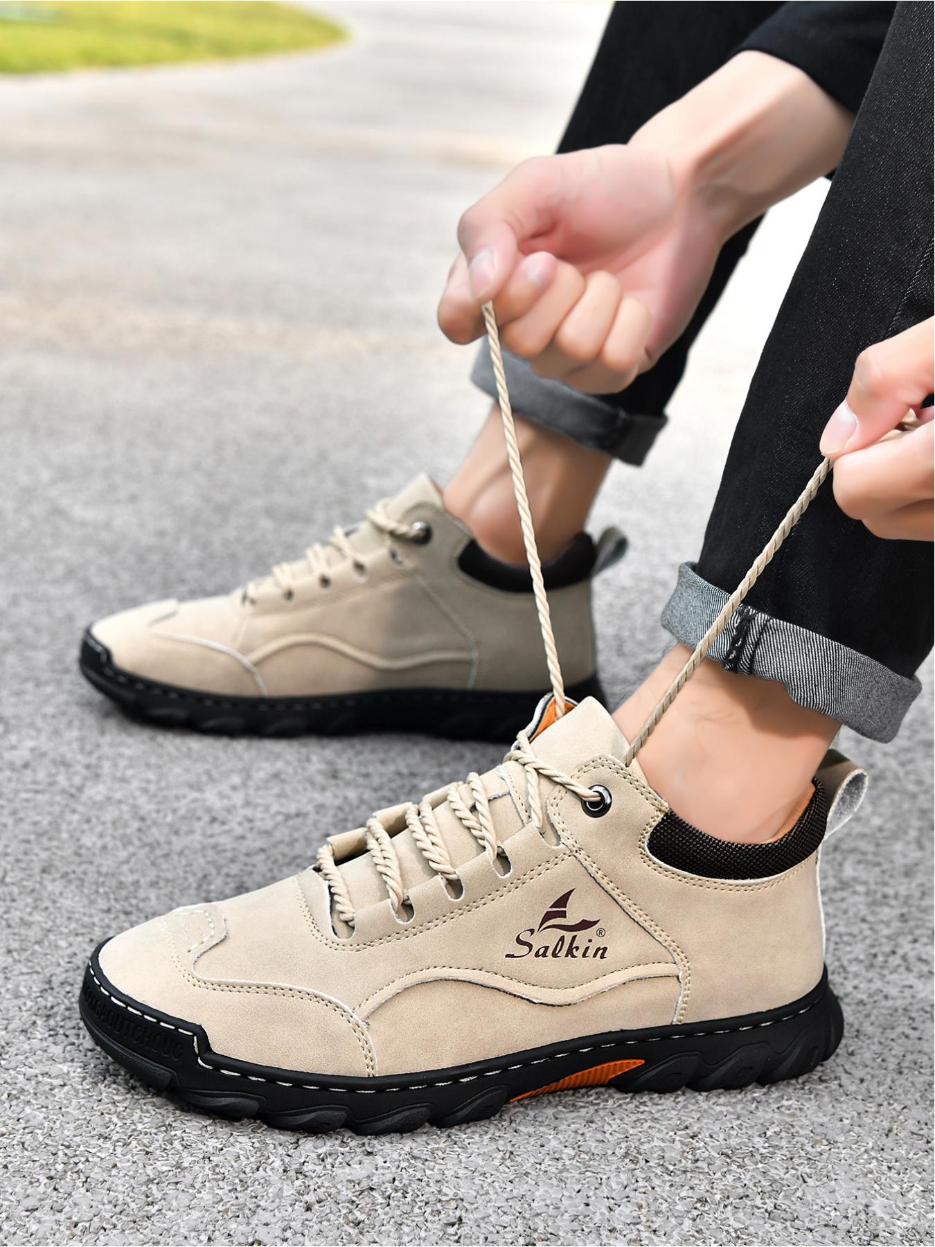 Men's Retro Outdoor Work Shoes, Hand-Stitched Mid-Top Casual Sneakers, Soft Sole Non-Slip Hiking Boots