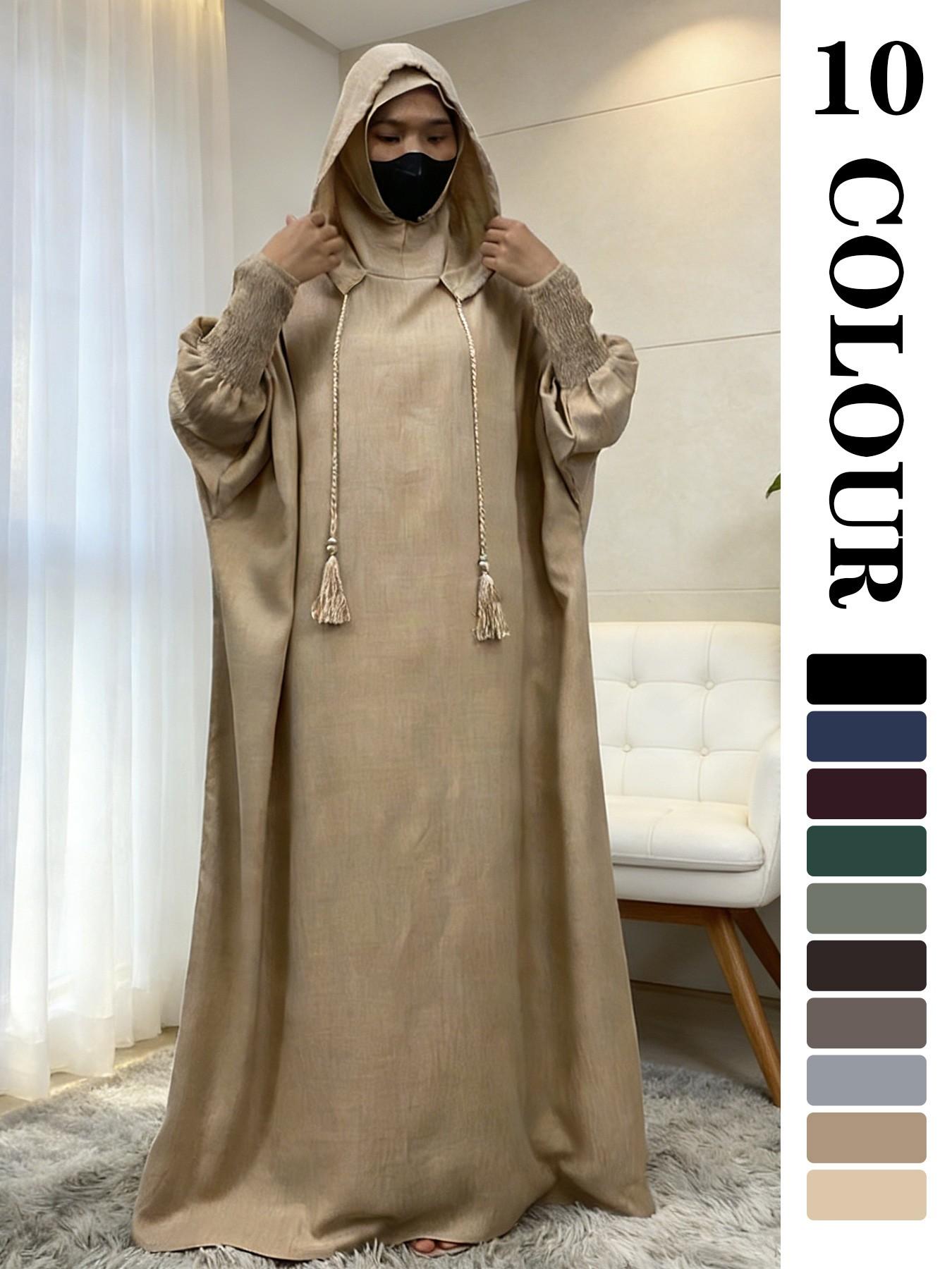 Women's Solid Color Batwing Sleeve Drawstring Hooded Dress, Casual Long Sleeve Shirred Cuff Long Dress for Spring & Fall, Women's Islamic Clothing for Daily Wear