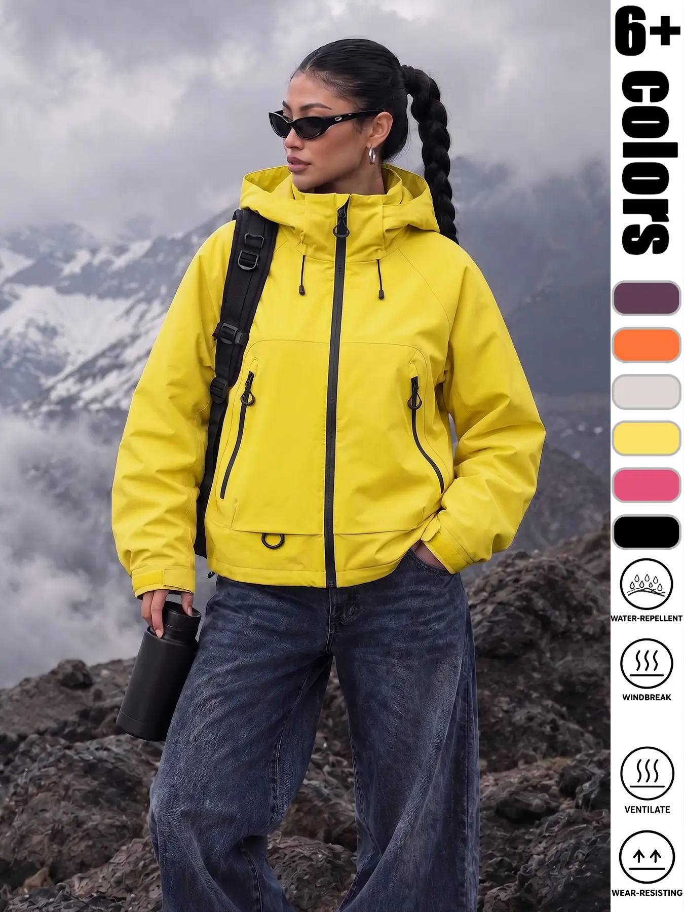 Women's Soft Shell Hooded Jacket, Zip Pockets, Windproof Waterproof, Outdoor Hiking Camping Running Sports, Anti-Scratch Breathable Fabric