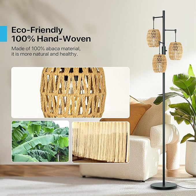 GLITGATE Rustic Standing Lamp with Foot Switch, Dimmable Boho Floor Lamp, 70 Inch Tall Floor Lamp with 3 Rattan Shades, Bohemian Floor Lamps Gracefully Standing for living room, bedroom, dining room, and office