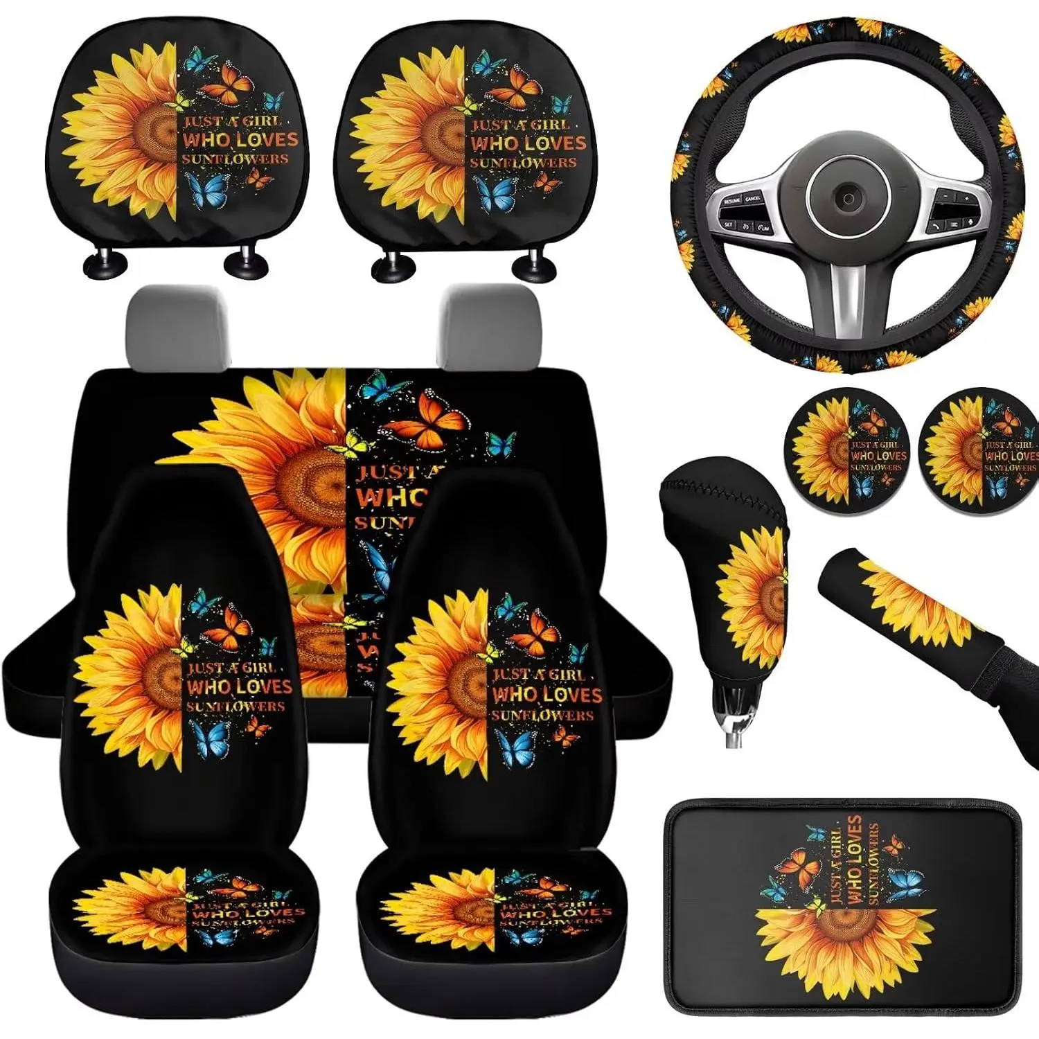 Sunflower Print Car Seat Cover Full Set for Men Women Auto Accessories Full Set 12 Pcs Steering Wheel Cover Headrest Covers Cup Coasters Universal Fits for Cars SUV Truck