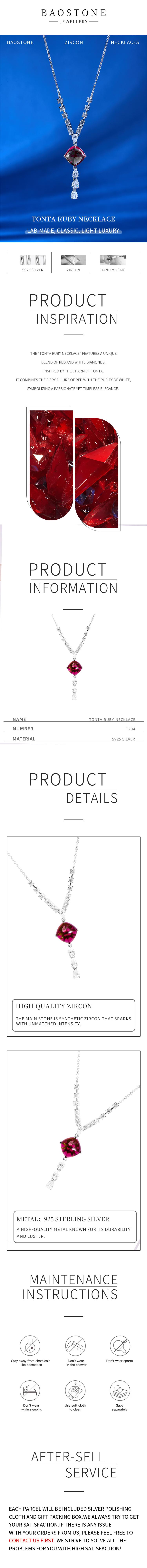 BAOSTONE Lab Created Artificial Gemstone Synthetic Ruby 925 Silver Necklace-TONTA RUBY NECKLACE-#T204