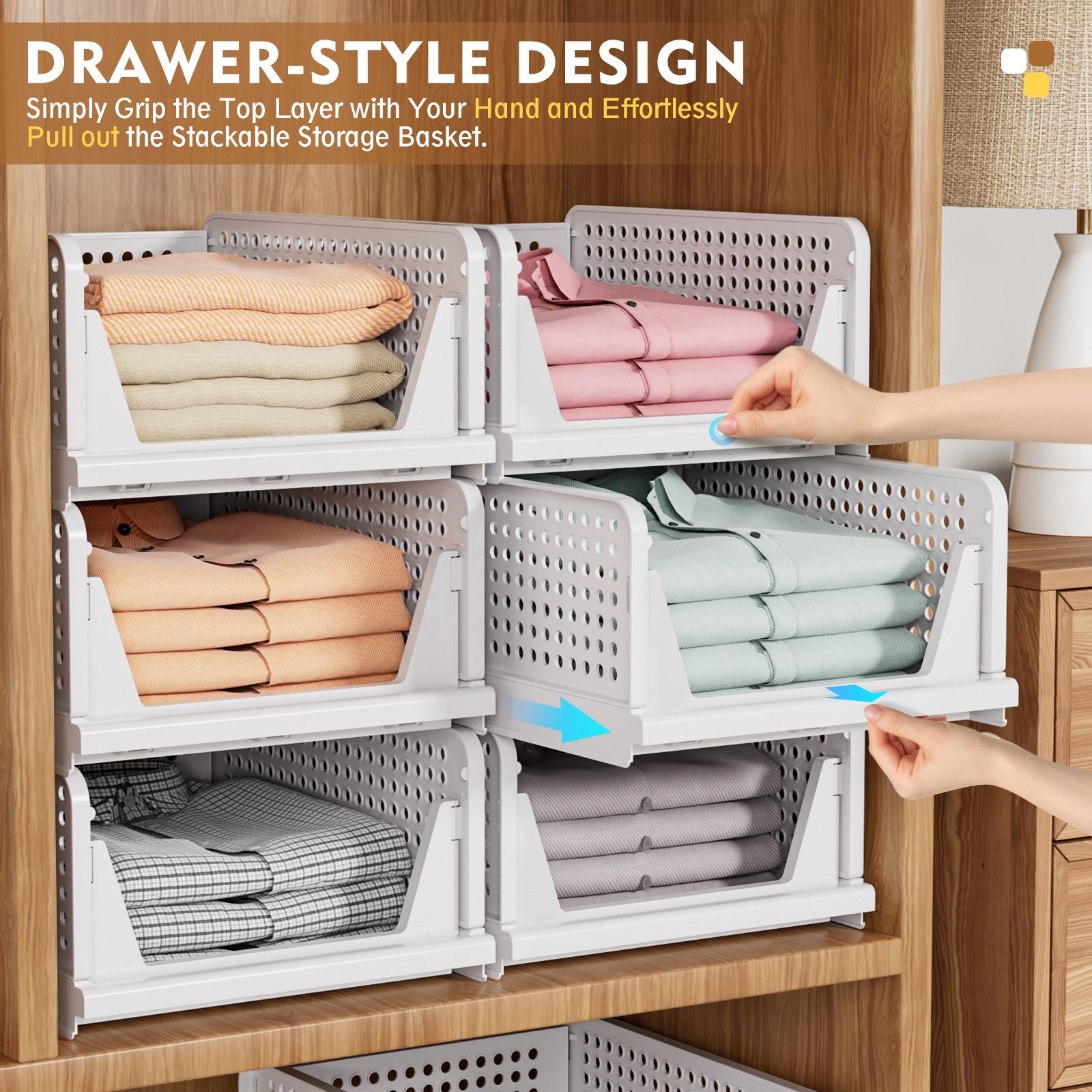20 Packs Stackable Closet Storage Basket, Multifunctional & Foldable Closet Organizer for Bathroom Kitchen Laundry Room Wardrobe Storage, Space-Saving Clothes Storage Drawer Organizer, White