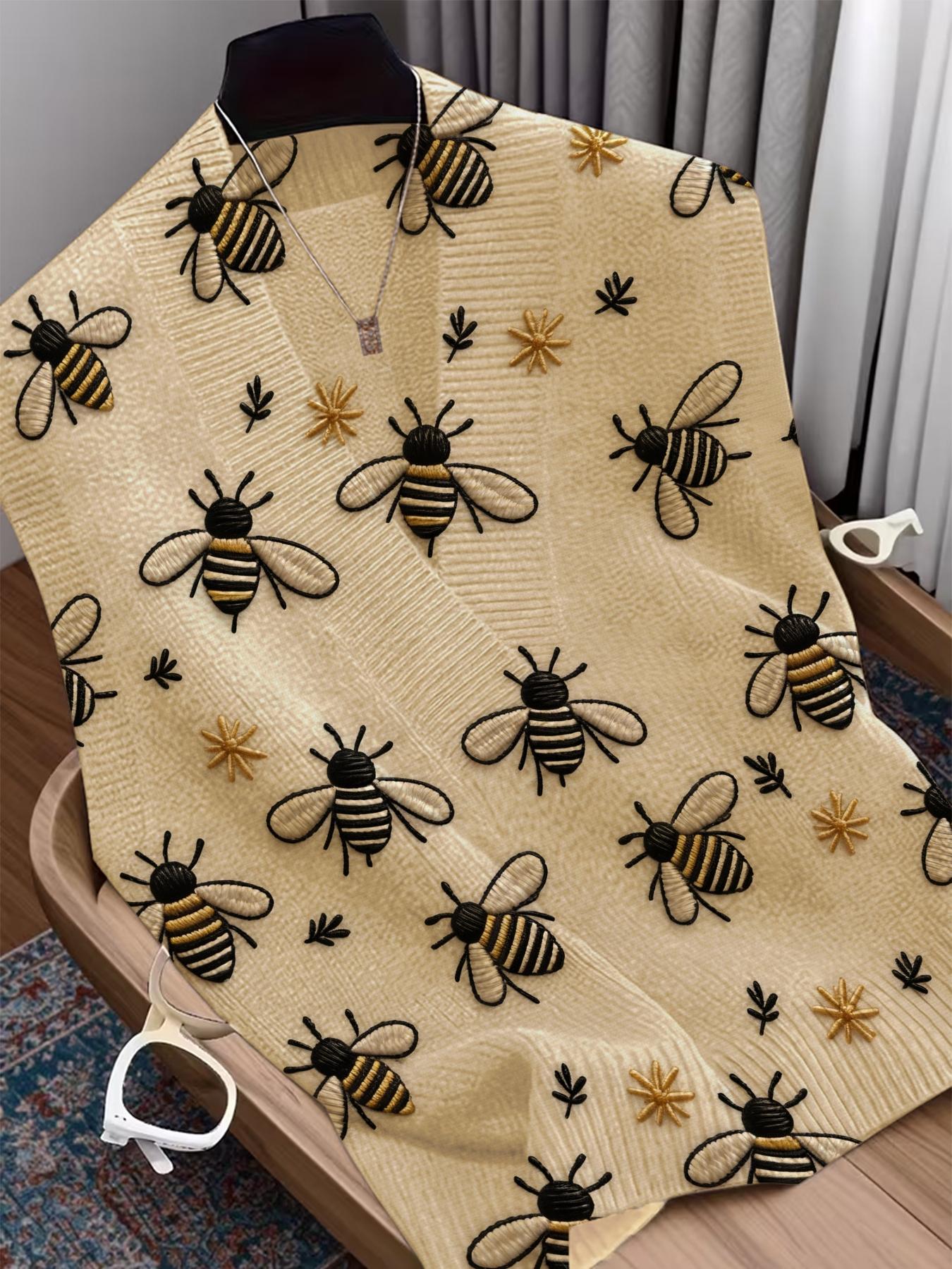 Spring Summer Elegant Women's Cartoon Bee Animal Print Vest, Cross Deep V Neck Sleeveless Knit Sweater, Casual Breathable Top