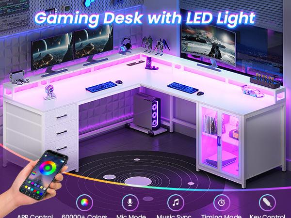 SEDETA 109 Inch L Shaped Gaming Desk with 4 Drawers Display Cabinet Computer Desks with 2 Monitor Stands CPU Stand LED Lights and Power Outlet