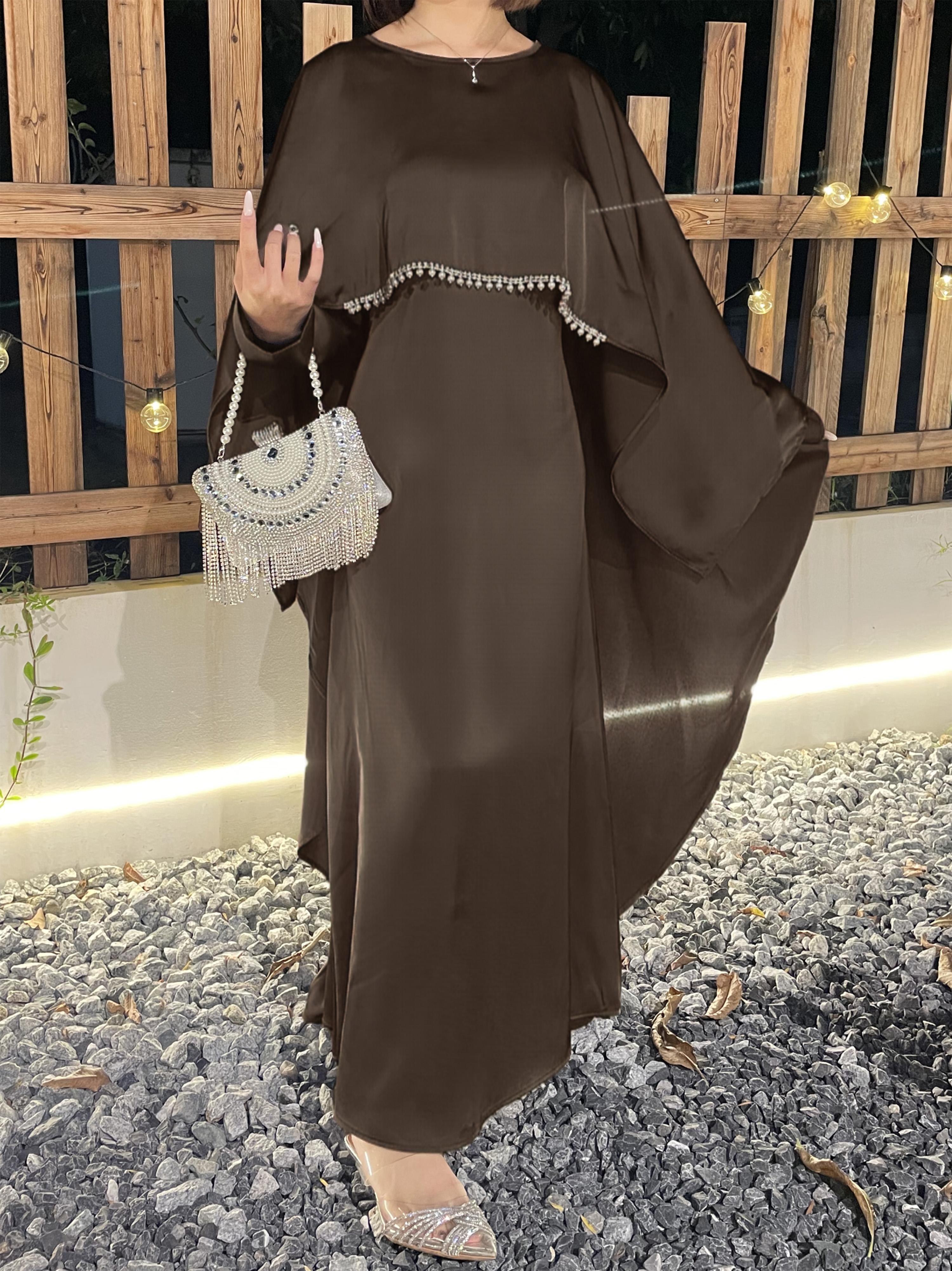 CL43 Satin cape elegant Muslim dress, Modest Party Open Butterfly Pearl rhinestone Abayas, For Evening Party/Wedding Guest/Anniversary,Unique design, luxurious texture,Fashionweek