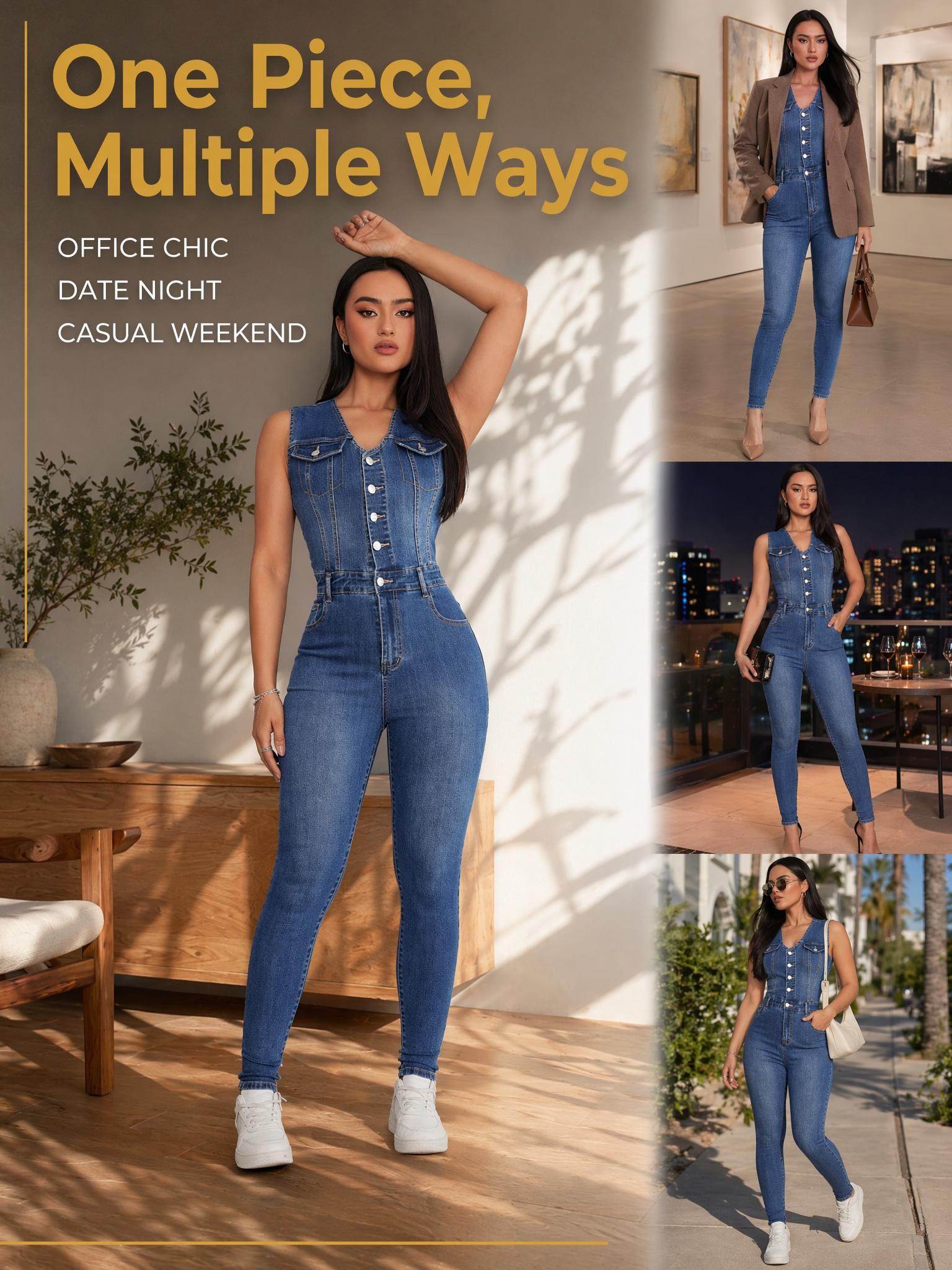 Women's Sleeveless Denim Overall Jumpsuit, Summer Essential, American Style High Waist Elastic Butt-Lifting Skinny Fit, Streetwear for Casual Outing and Music Festival