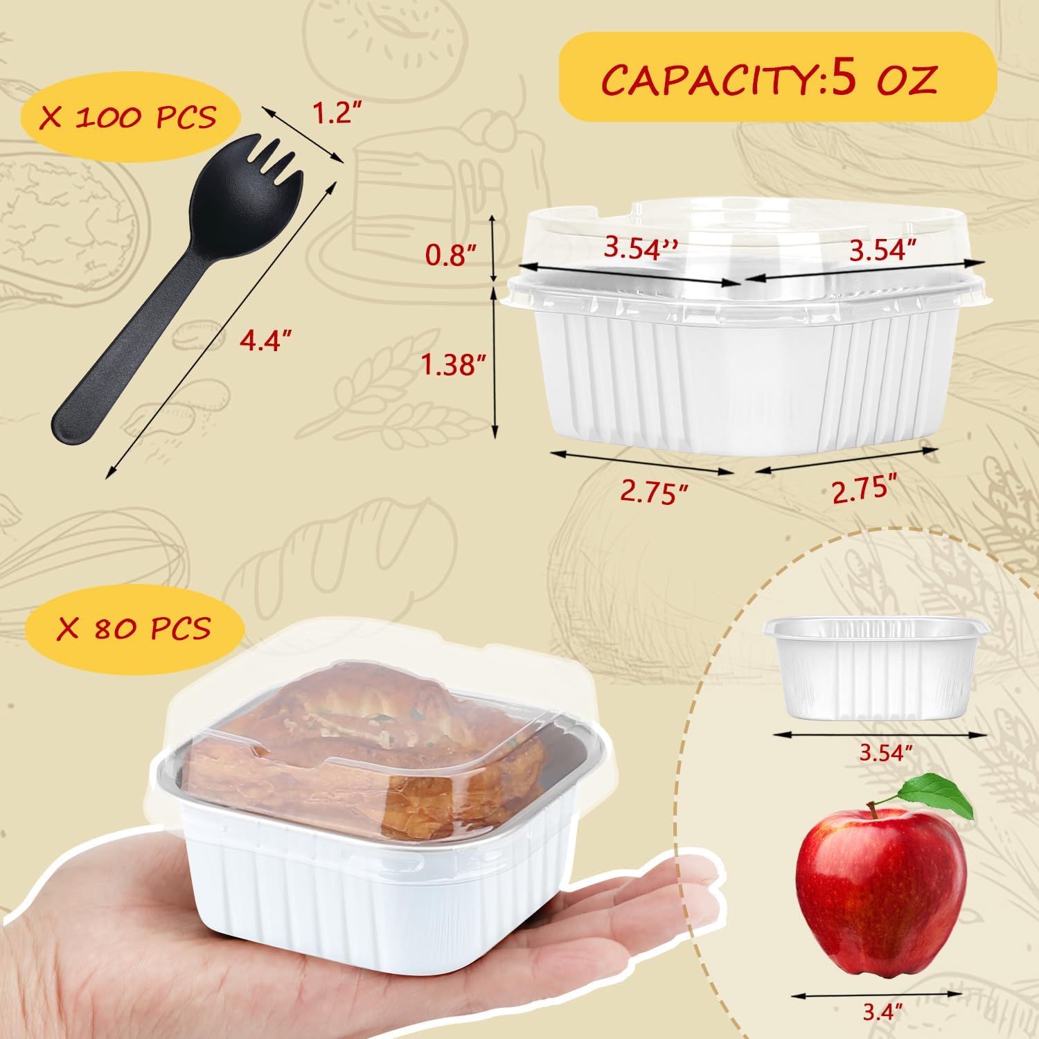 5oz/80pack Mini Cake Pans with , Foil Cupcake Cups Small Brownie Baking Tins,Square Disposable Ramekins Mini Cheesecake Containers Muffin Holders-White