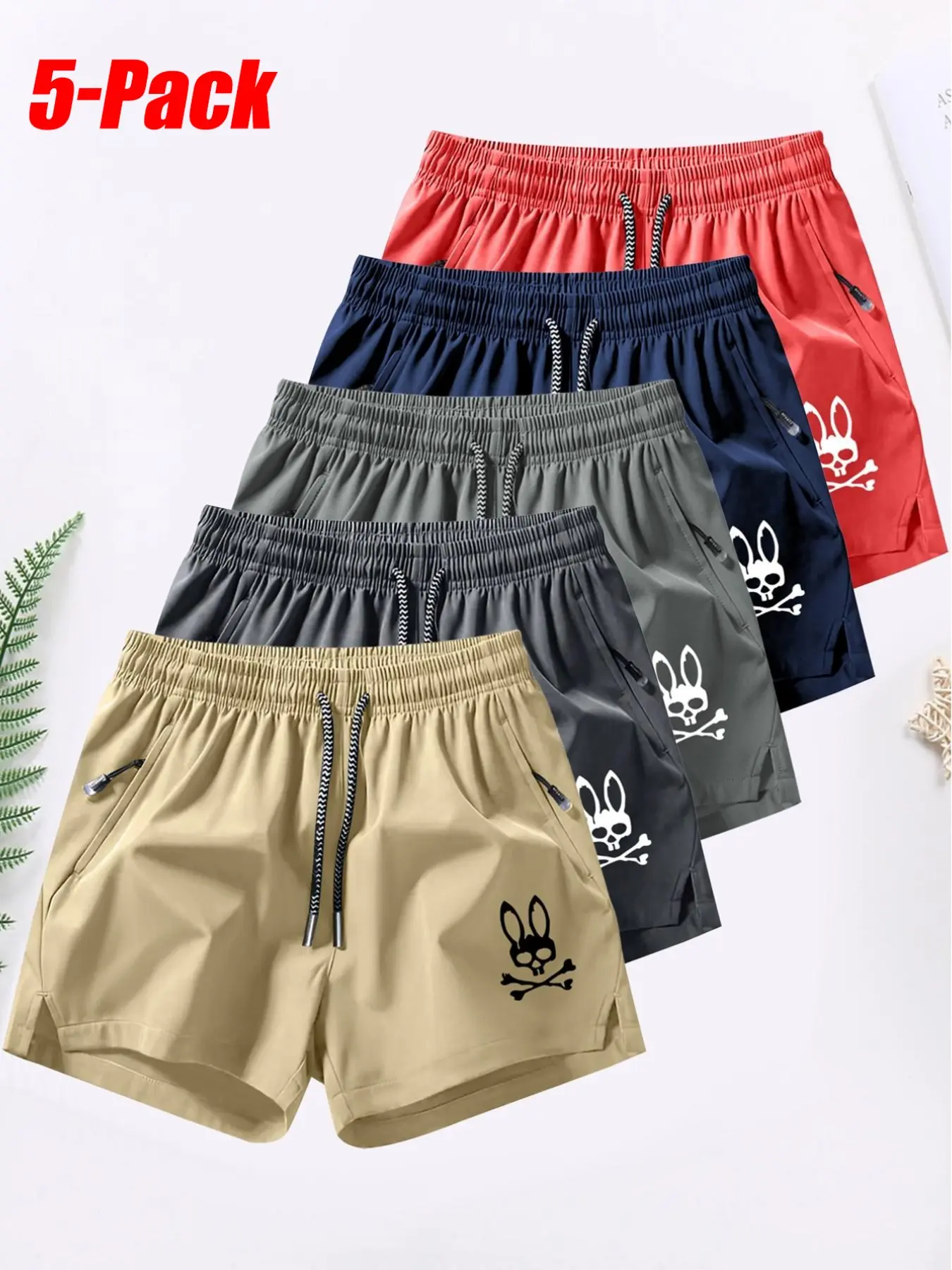 Summer Men's Comfortable Stylish Skull Rabbit Print Shorts, Athletic Casual Shorts, Casual Loose Fit Breathable Sports Trunks
