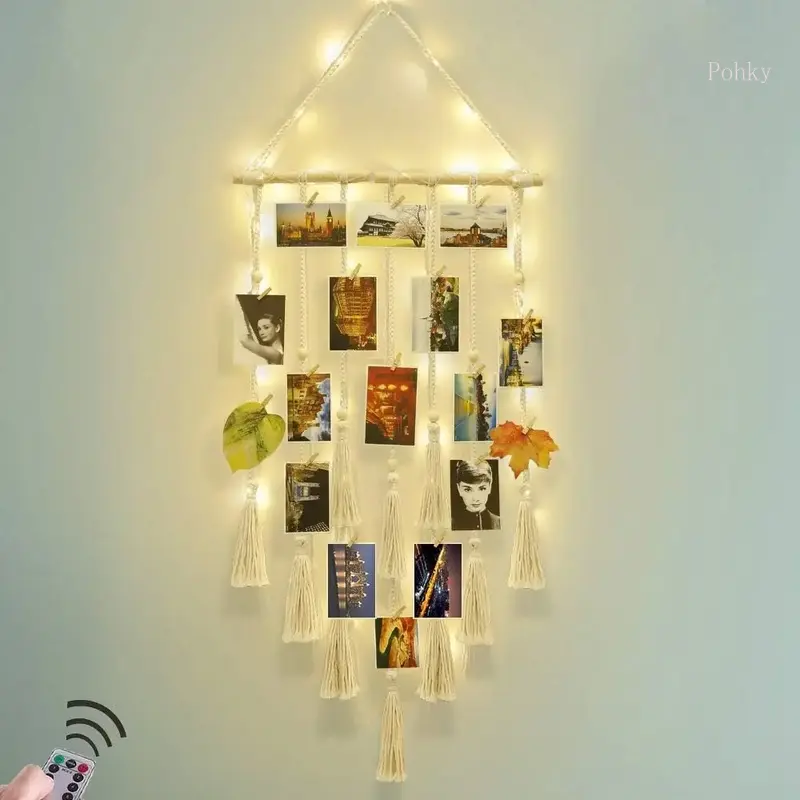Lighted Hangable Macrame Photo Display - 30-Clip Picture Collage Board, Boho Home Decoration, Room Decor for Bedroom, Christmas Gift for 10-14 Year Old Teen Girls