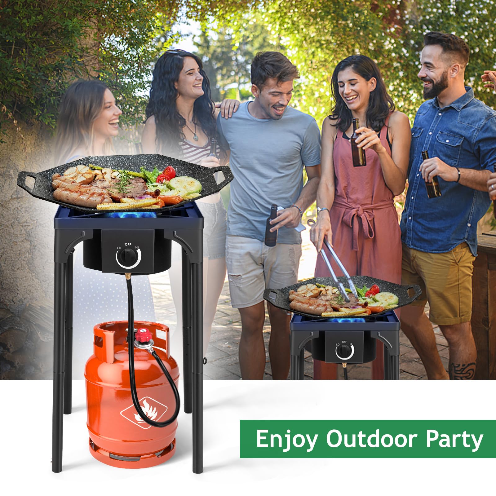 GEEKHOM 3 Burner Outdoor Propane Gas Stove 225,000 BTU High Pressure Stand Cooker for Backyard Cooking Camping Home Brewing Canning Turkey Frying, 20 PSI Regulator