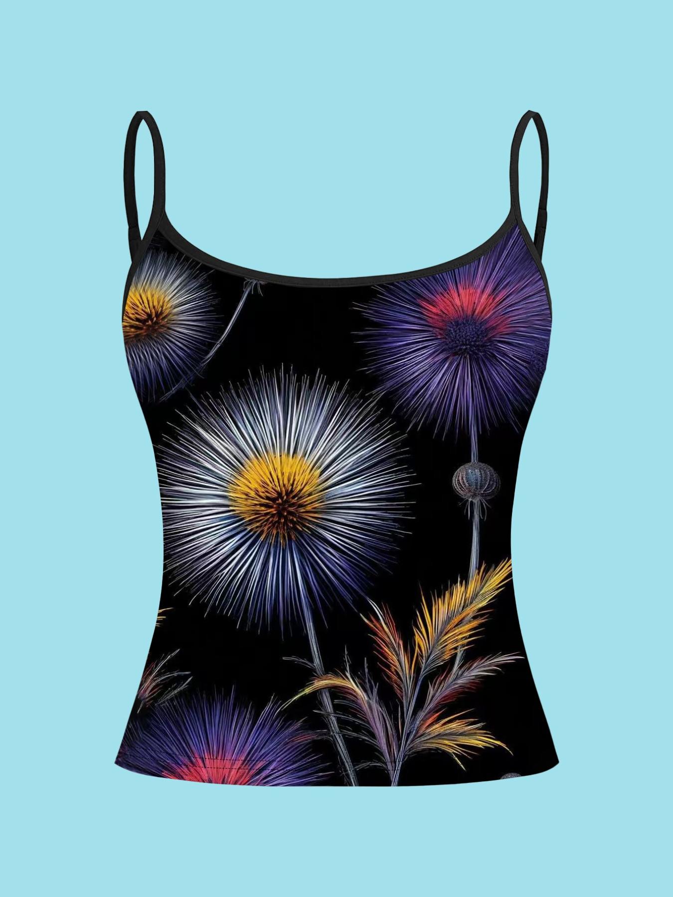 Neon Fluorescent Floral Print Strappy Top, Cyberpunk Slim-Fitting Shirt, 4-Piece Set, Casual Style, All over Print, Fashionable Clothing