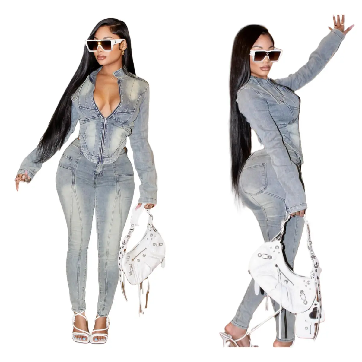 Women Fall New Stretch Denim 2 Piece Outfit Set, Long Sleeve Denim Top & Fitted Long Pants Matching Suit, Fashion Slim Denim Co Ord Set, Trendy European American Streetwear Stretchy Denim Tracksuit For Ladies Daily Travel Casual Going Out