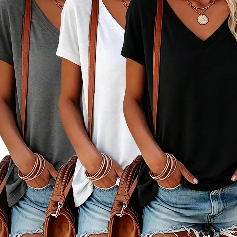 Women's V Neck Short Sleeve T-Shirt, Loose Fit Casual Chic Top, Combo, Comfortable All Season Wear, Pair with Jeans or Shorts