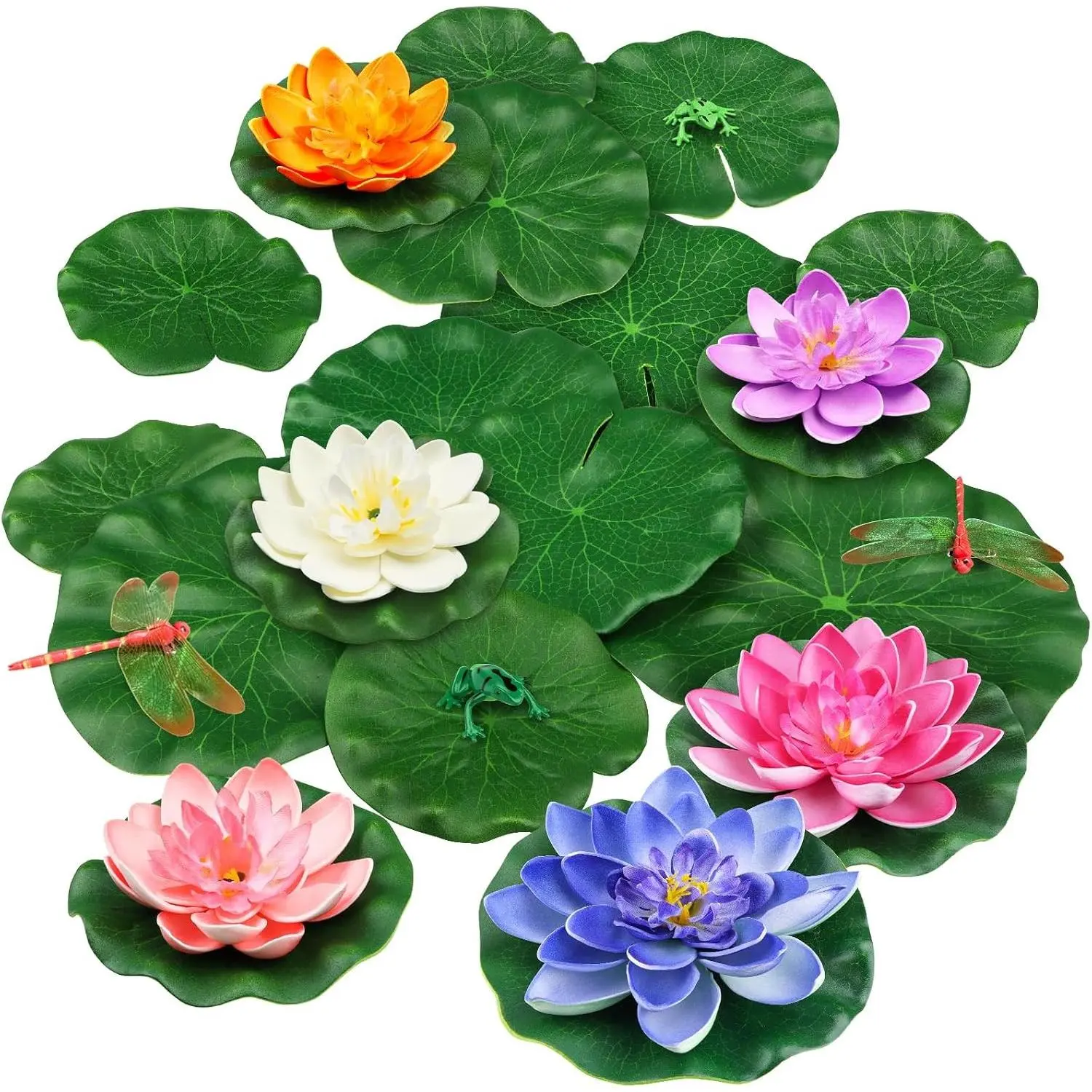 22 Pack Artificial Floating Foam Lotus Flowers with Frog Lotus Leaves & Lily Pads for Pond, Lake, Pool Water Decoration, ColorfulGift