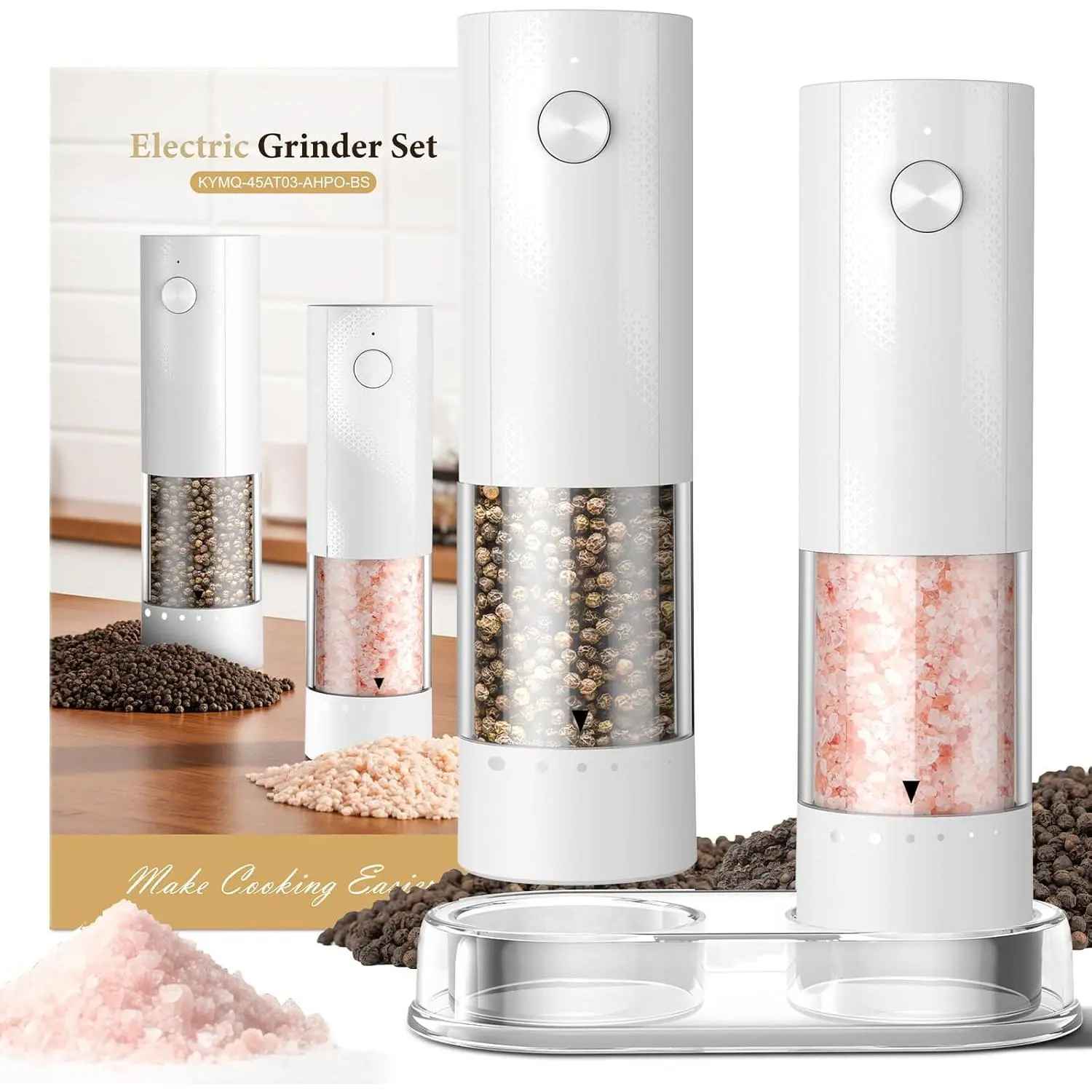 Rechargeable Electric Salt and Pepper Grinder Set, Automatic Pepper Mill with Adjustable Coarseness, Large Capacity Spice Grinder for Kitchen Cooking, 2 Pack Seasoning Shakers Gift
