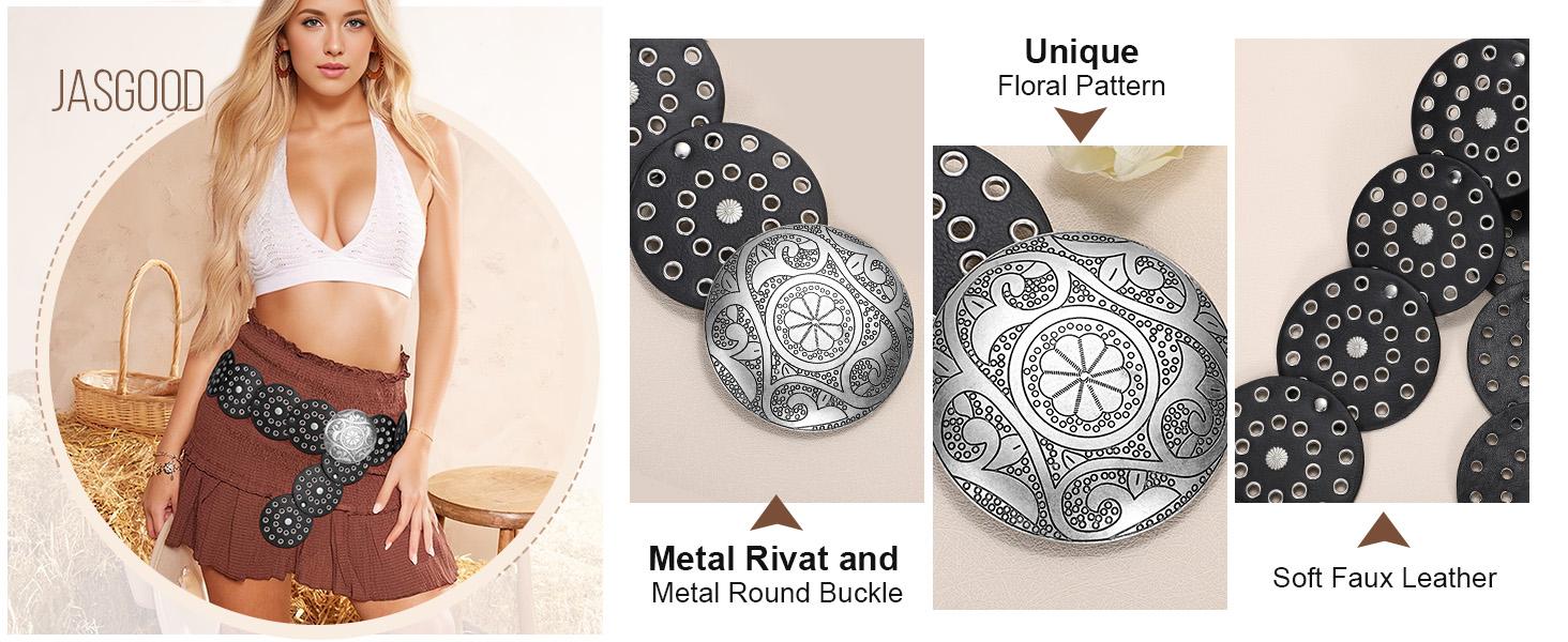 JASGOOD Women Western Concho Belts Wide Hollow Disc Leather Belt Cowgirl Boho Belt for Jeans Dresses with Metal Buckle