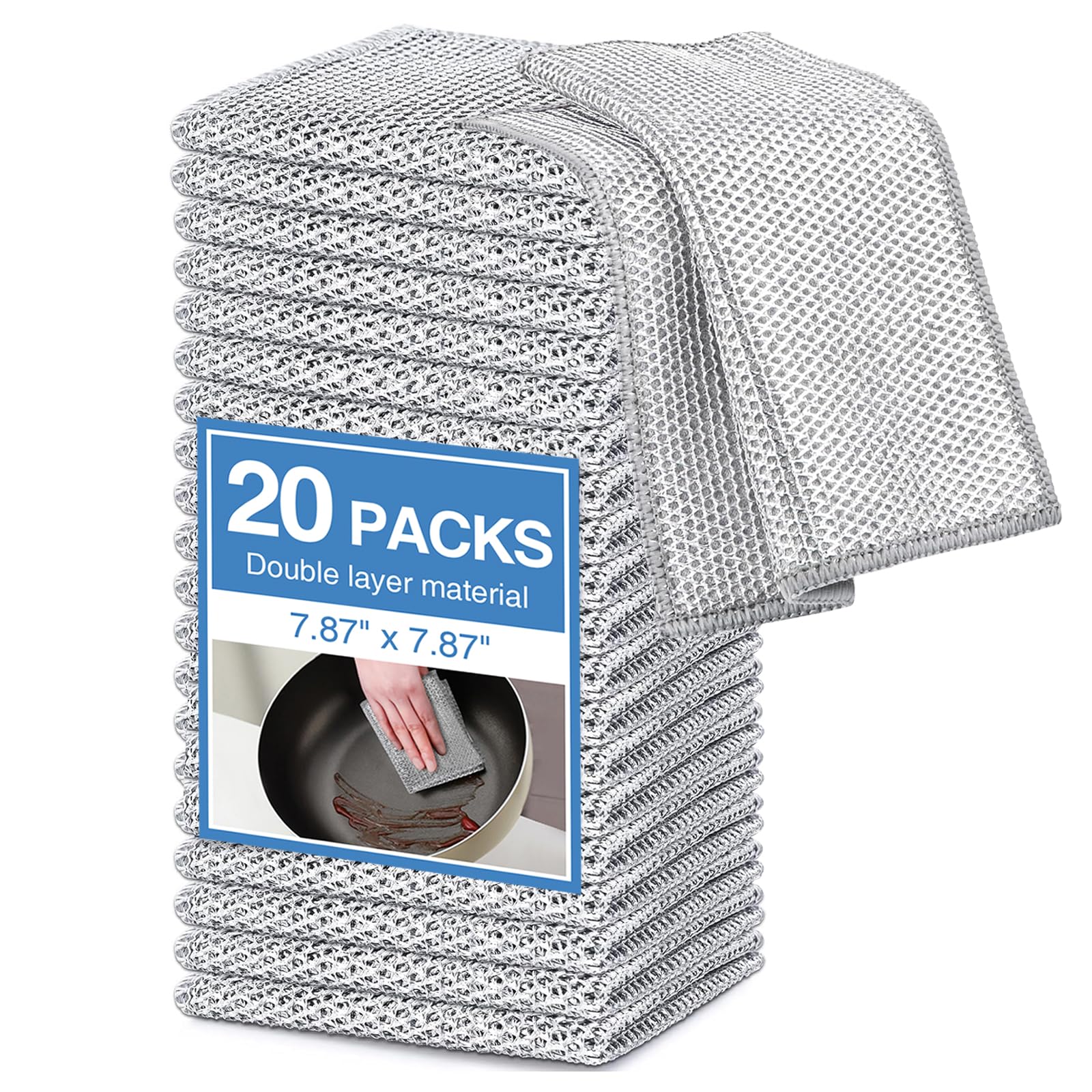 20-Count Non-Scratch Wire Dishcloths, Double-Layer Multipurpose Reusable Towels – Polyester Wiping Cloth for Kitchen Sinks, Pans, Washable Durable Cleaning Supplies for Wet & Dry Use, Housekeeping Essentials (Summer Sale)